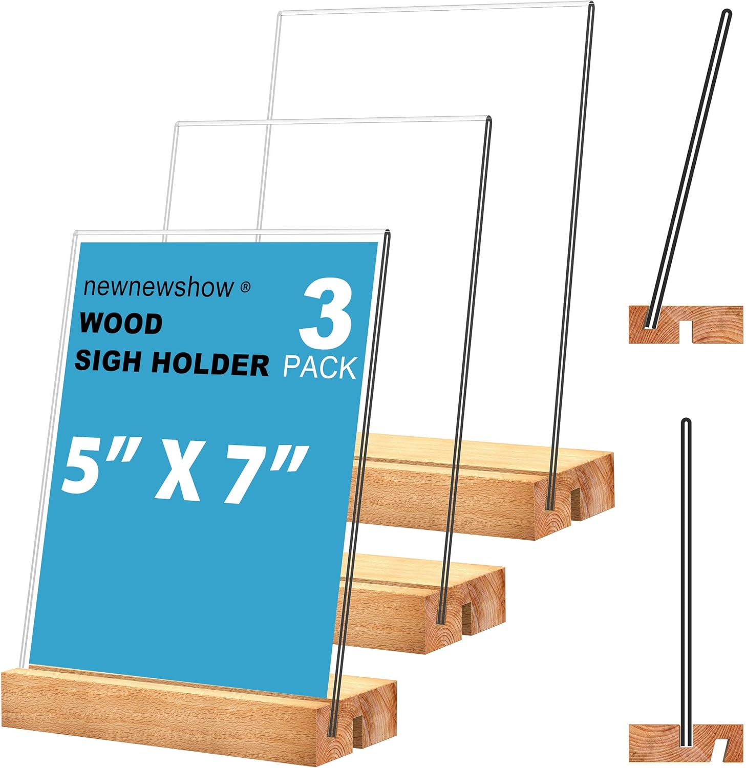 newnewshow 5"x7" Acrylic Sign Holder with Wood Base Wood Sign Holder Vertical or Slant Back Display for Store Office (5x7 L/T)