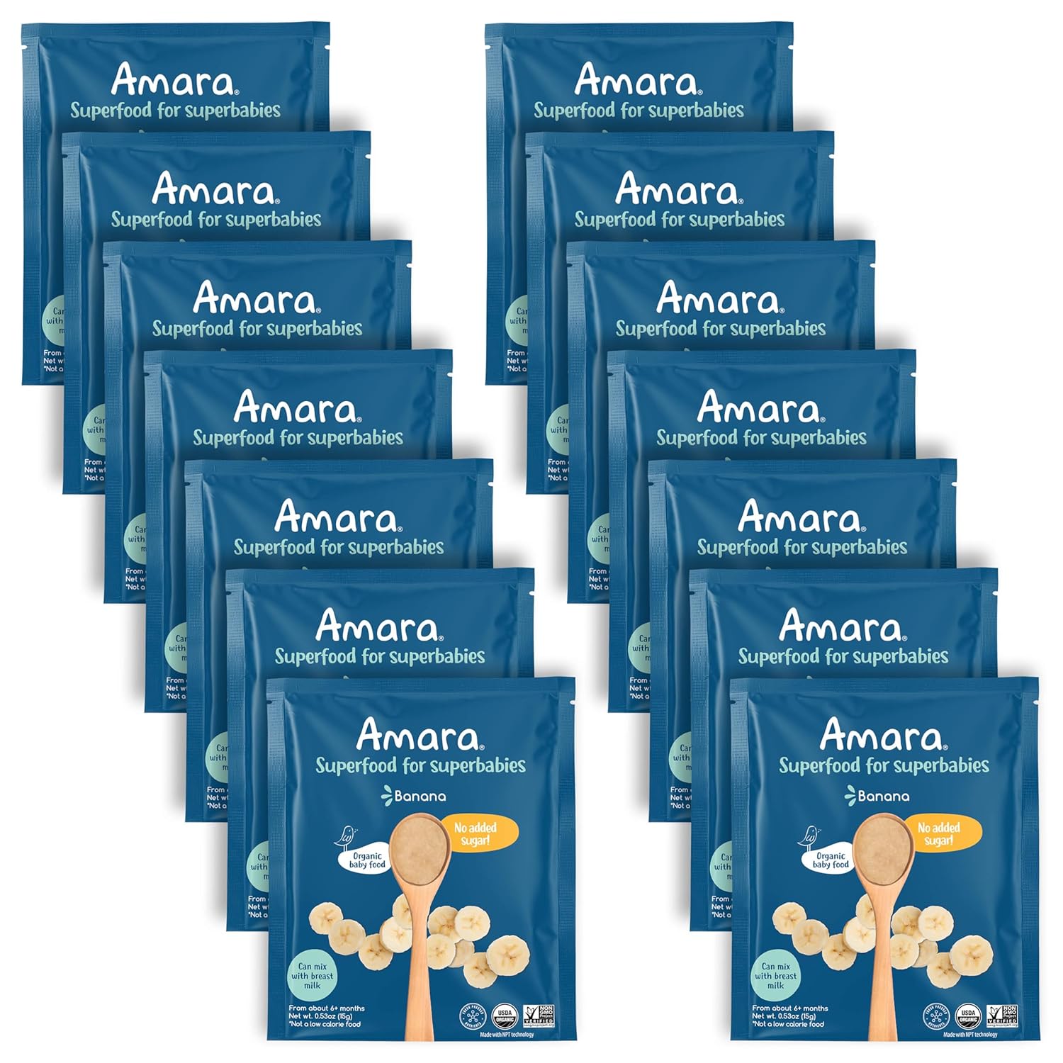 Amara Organic Baby Food - Stage 1 - Banana - Baby Cereal to Mix With Breastmilk, Water or Baby Formula - Shelf Stable Baby Food Pouches Made from Organic Fruit - 14 Pouches, 3.5oz Per Serving