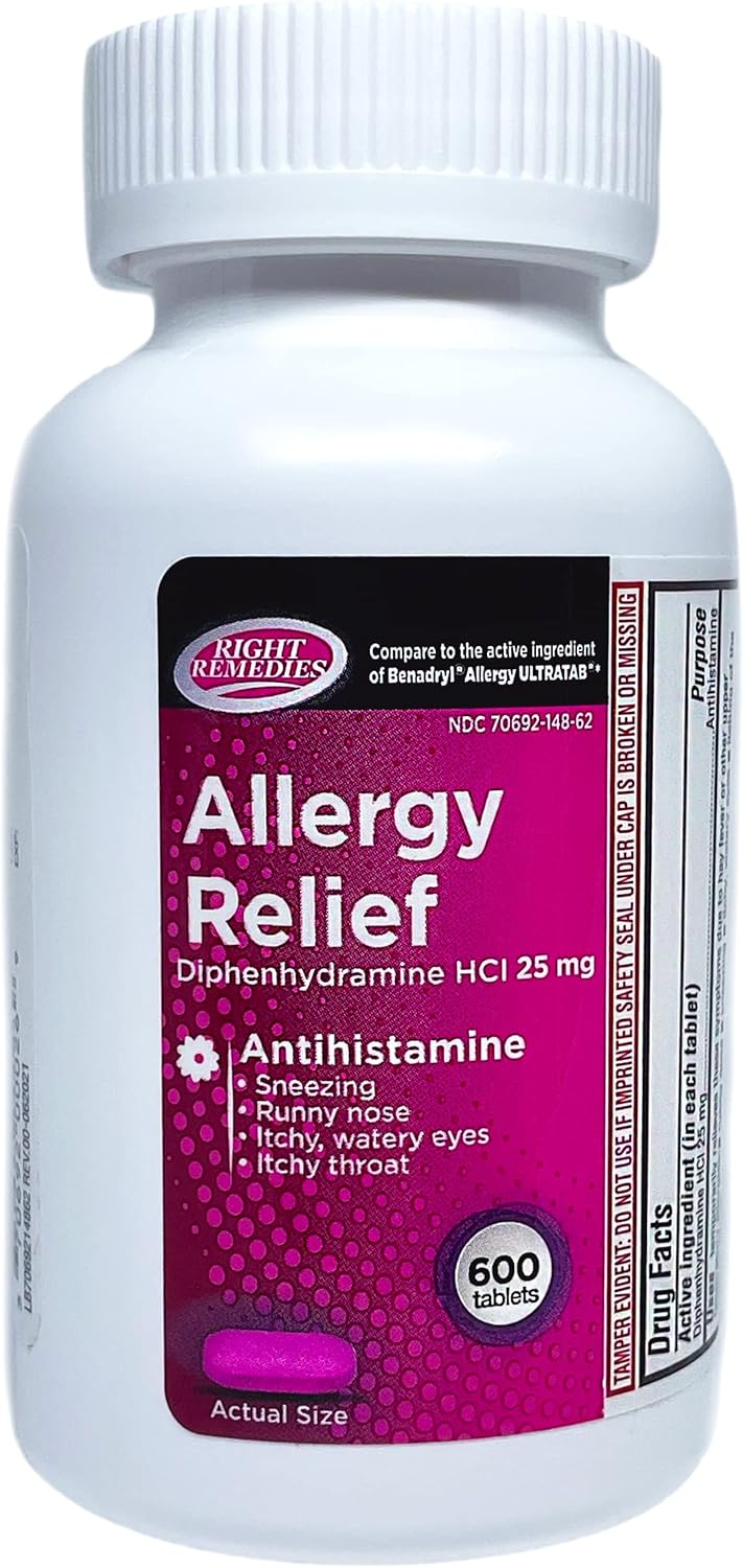 Allergy Relief Antihistamine, Diphenhydramine HCl 25mg, (600 Count), Compared to The National Brand Allergy Ultratabs, Relieves Seasonal Indoor or Outdoor Upper Respiratory Allergies