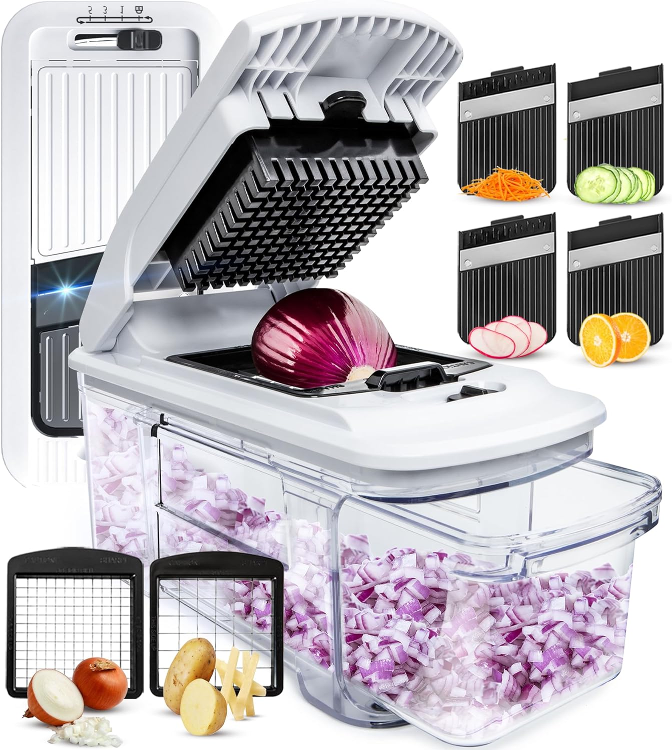 Fullstar All-in-1 Vegetable Chopper, Mandoline Slicer & Cheese Grater - Multi Blade French Fry Cutter & Veggie Dicer - Includes Bonus Handheld Spiralizer & Kitchen Gadgets (4 in 1, White)