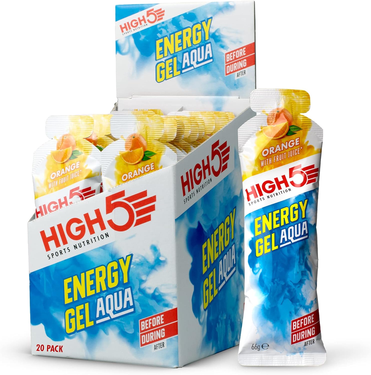 HIGH5 Aqua Running Gels Energy - Running Essentials for Quick Release Energy - Natural Fruit Juice & No-Caffeine - Ideal as Running Equipment, Cycling Supplements, Marathon Training (Orange, 20 x 66g)