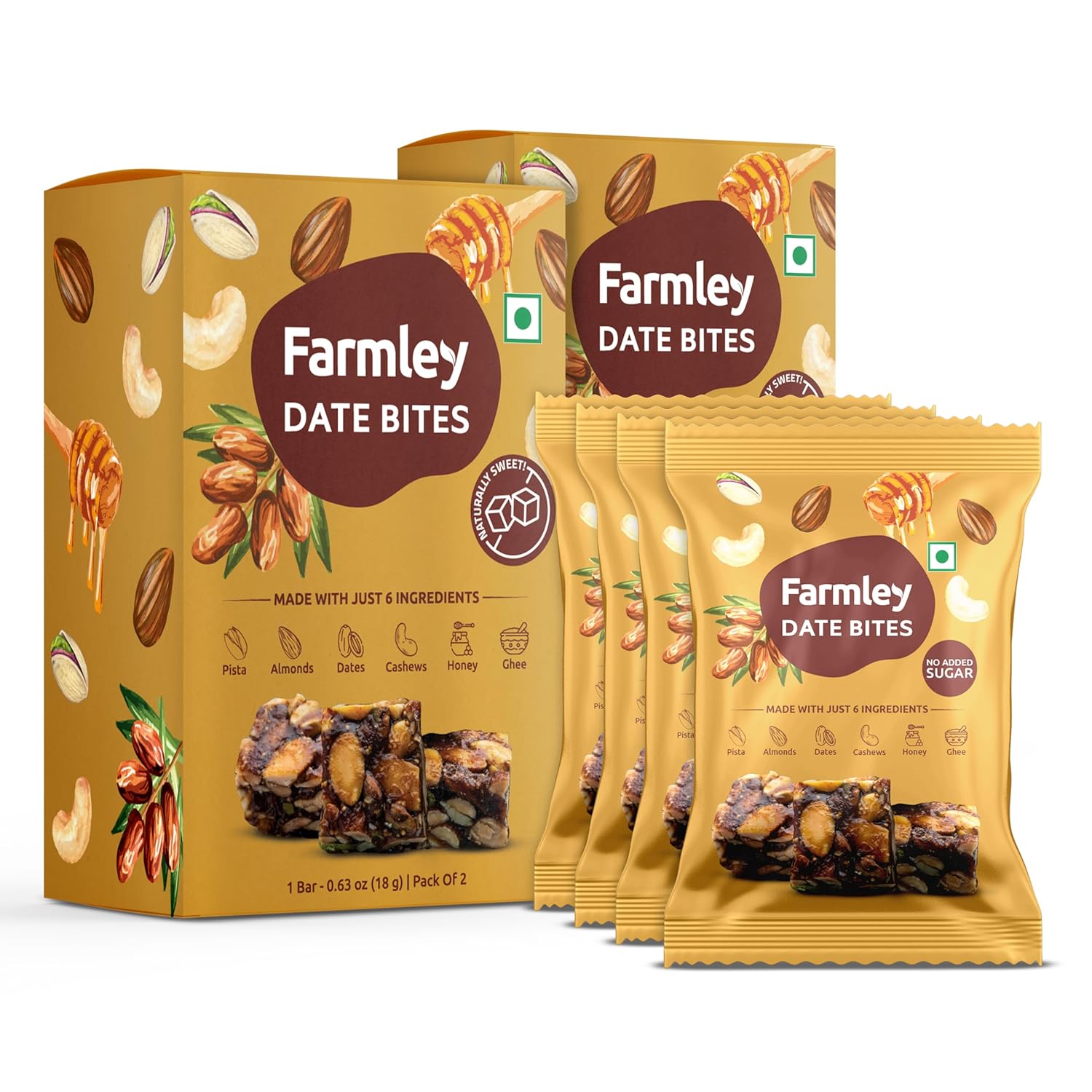Farmley Protein Mini Dates Bar I Dates Bite with No Added Sugar | Made with Zero Added Sugar | Dates, Pistachio, Cashews, Almonds | Healthy Protein Sweets 72g (Pack of 4) (2.54 Oz)