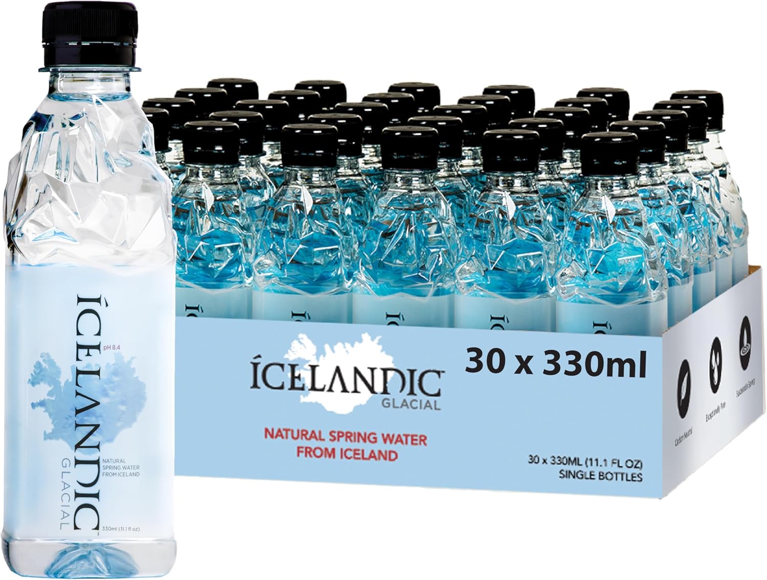 Icelandic Glacial Premium Still Water 330ml Recycled PET Bottles x 30 Per Pack – Alkaline/Low PH, Recycled Packaging, BPA Free, Carbon Neutral from Icelandic Spring. Low TDS and Mineral Content