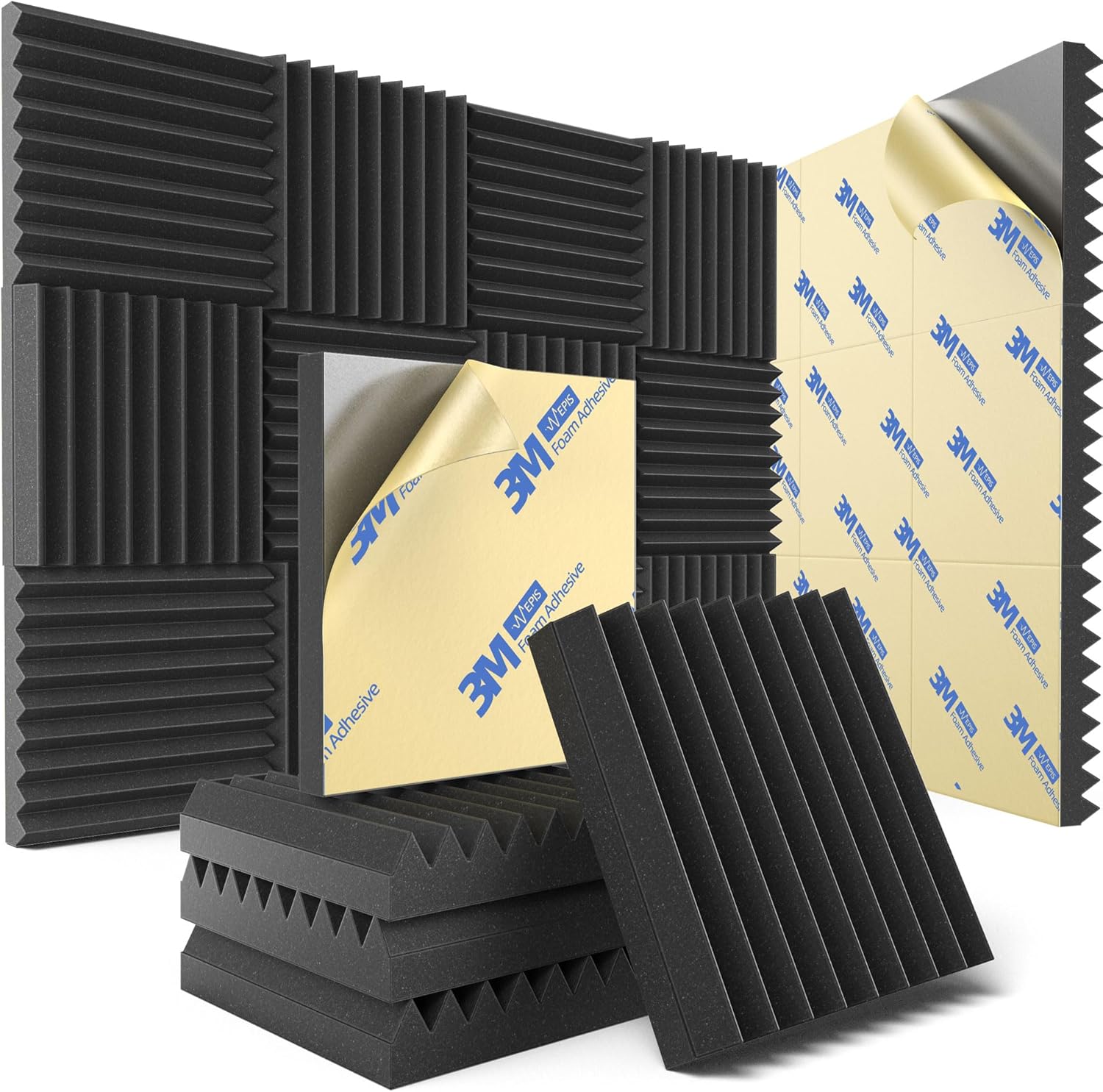 12 Pack Sound Proof Foam Panels for Wall with Self Adhesive, 2" X 12" X 12" High Density Acoustic Panels Sound Absorbing Quick-Recovery, Wedges Soundproof Wall Panels for Gaming & Studio Decor - Black