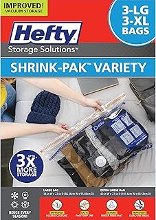 Hefty Shrink-Pak Vacuum Storage Bags - Space Saver Vacuum Storage Bags for Under Bed Storage, Clothing and Comforter Storage, Odor Resistant, 3X More Storage Space - 3 Large, 3 XL Vacuum Storage Bags