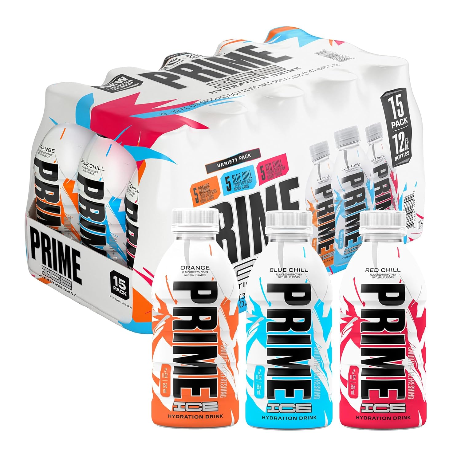 Prime ICE Hydration Variety Pack Smooth & Refreshing Low-Calorie Sports Drink with 10% Coconut Water, 500+ mg Electrolytes & Zero Added Sugar, 12 fl oz Bottles, Pack of 15