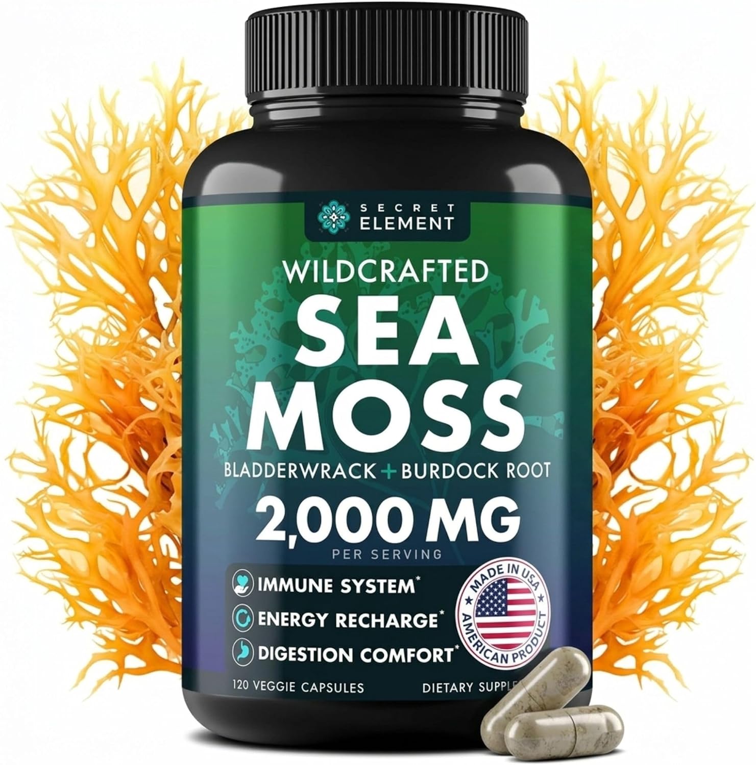 Secret Element Sea Moss Capsules with Burdock Root, Bladderwrack & Muira Puama, for Women and Men, Vegan, Sugar Free, Non-GMO, 120 Capsules