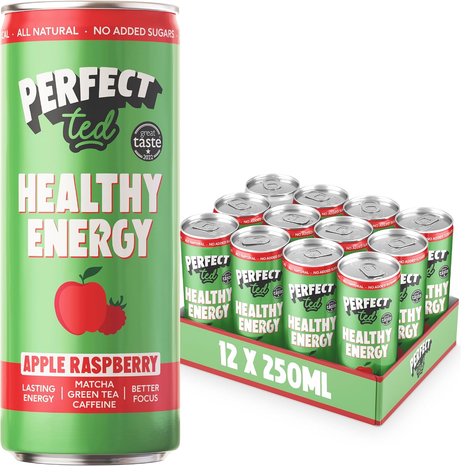 Perfect Ted Healthy Energy Drink | Apple Raspberry Box of 12 x 250ml Cans | Clean Energy Drink Gift Set | All-Natural Sustained Energy | 30KCAL | 80MG Caffeine Per Can