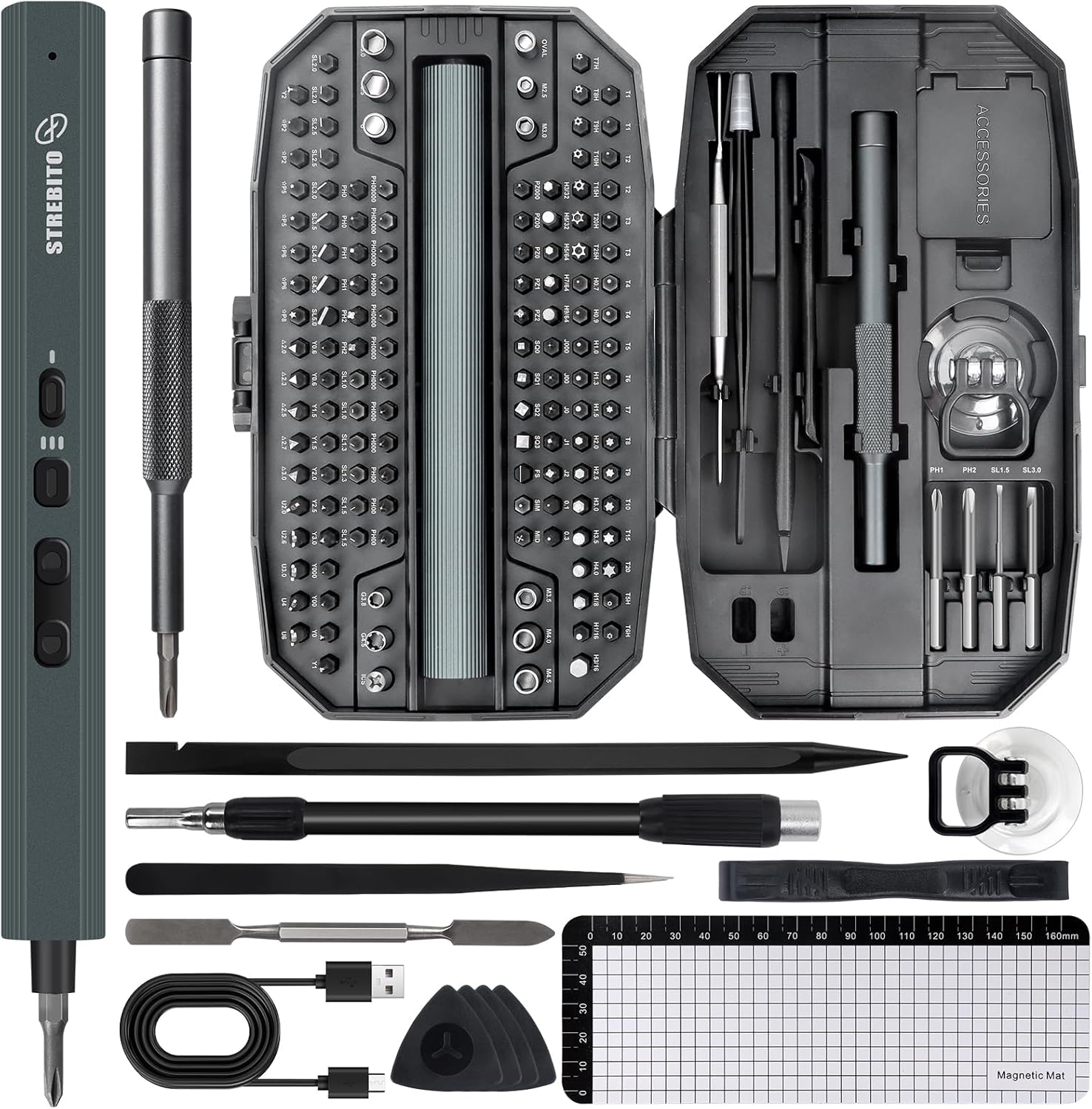 STREBITO Electric Screwdriver 155 in 1 Mini Electric Screwdriver Set, Max 5 N.m, 140 S2 Magnetic Bits, 3 Torque Settings, 650mAh Power Screwdriver Cordless Rechargeable, Repair Tool Kit for PC Phone