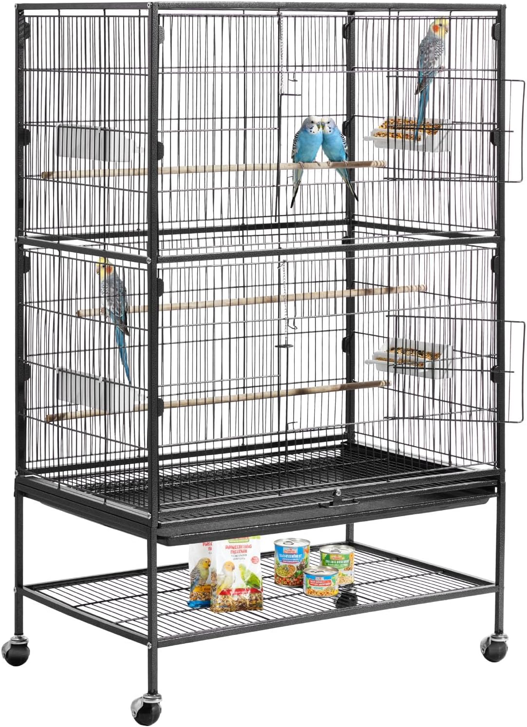 VEVOR Bird Cage, 31.5 x 20.5 x 52 inch, Flat Top, Wrought Iron Bird Flight Cage with Perches, Slide-Out Tray and Plastic Feeders, Casters, for Parrot, Blue Tit, Cockatiel, Canary, and Monk Parakeet