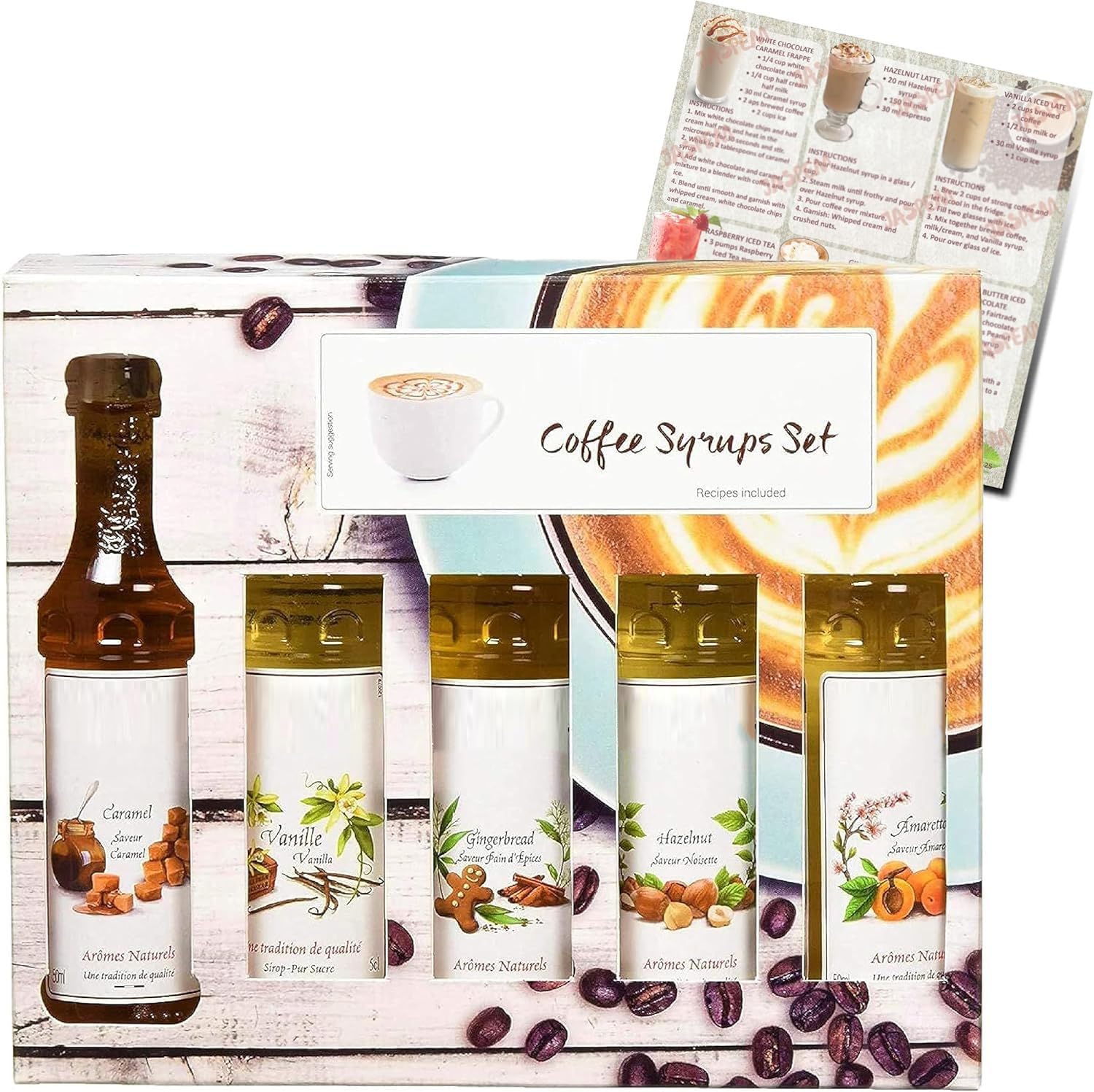 Monin Coffee Syrup Gift Set with Caramel, Vanilla, Hazelnut, Gingerbread and Amaretto Syrups | Perfect for Flavoured Coffees, Hot Chocolates and Frappes