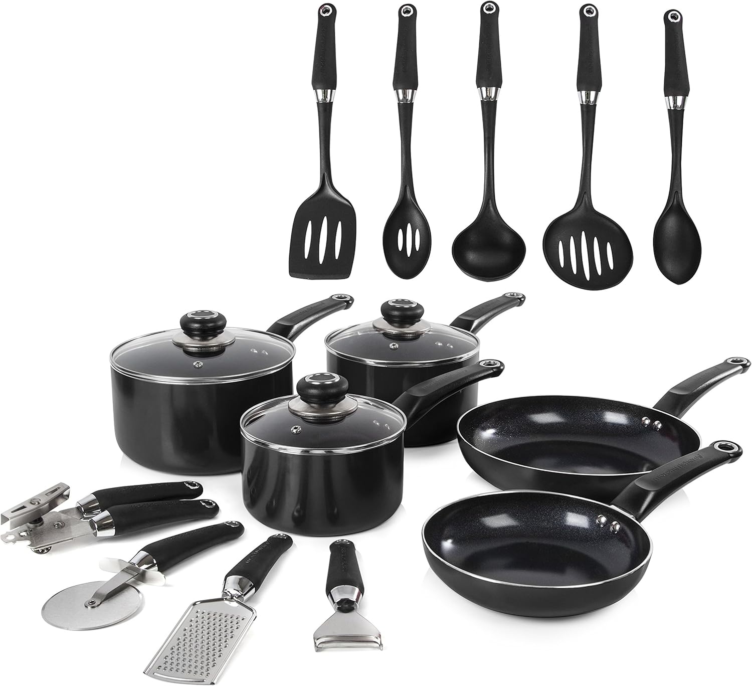 Morphy Richards 970040 Equip 14 Piece Cookware Set, 16 cm/18 cm/20 cm Saucepans & 20 cm/26 cm Frying Pans & 9 Utensils, Aluminium, Black