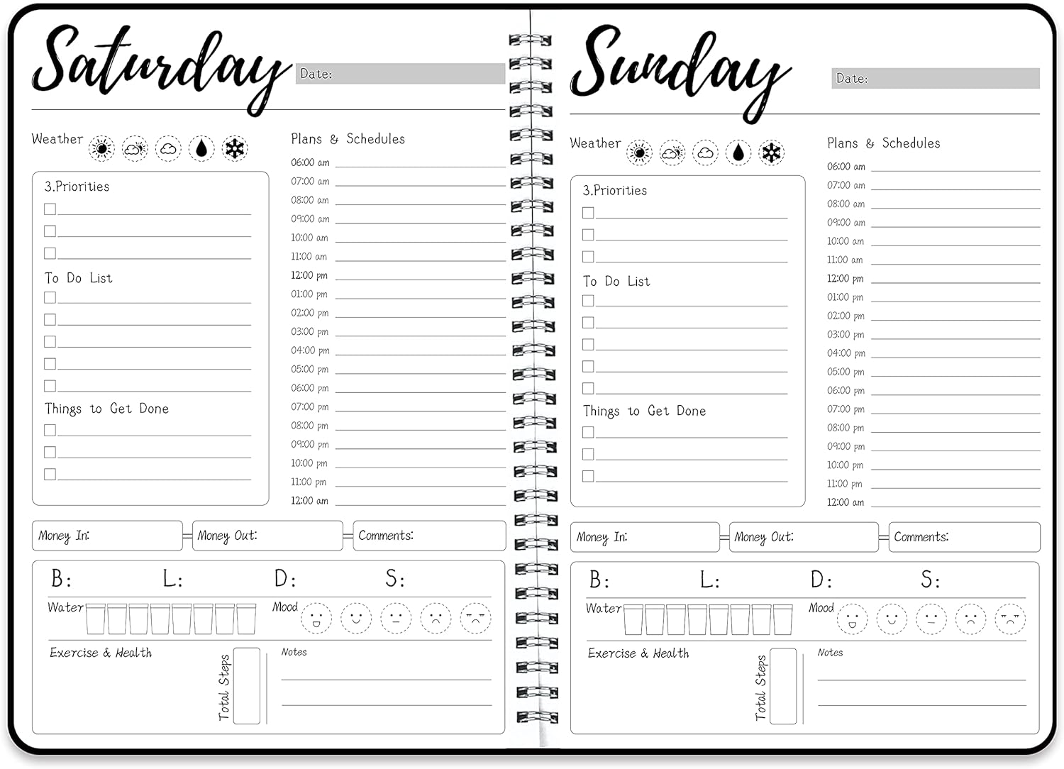 Work Planner - Daily & Weekly Spiral Planner with Hourly Schedules, To Do List, Tasks, Expense tracker, Undated 7 Days Planner Start Anytime, Self-Care Calendar for Organizing Meals, Water Take-in, Mood, Exercise & Health, Flexible PVC Waterproof Cover, 10 x 7.3 inches