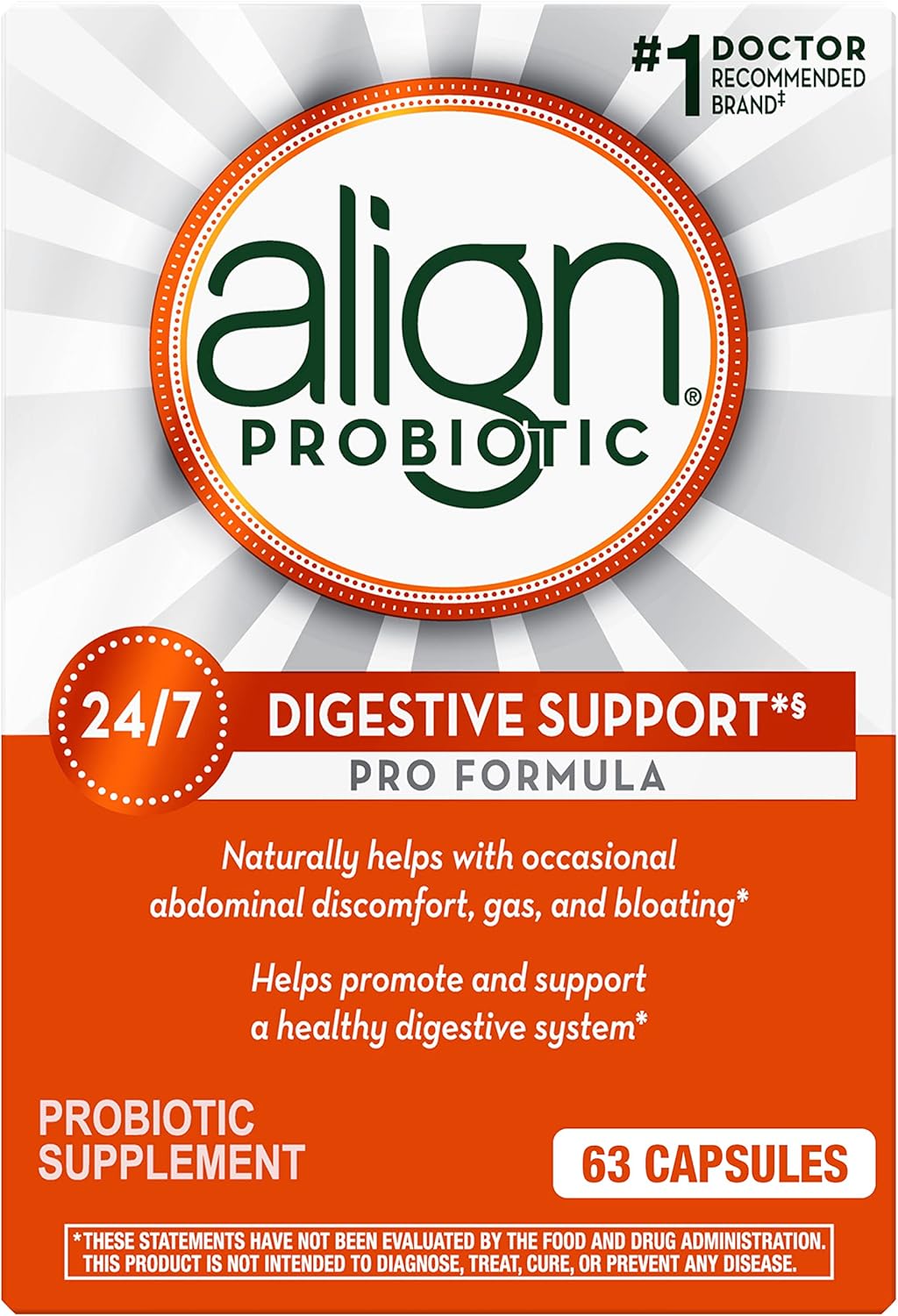 Align Probiotic, Pro Formula, Probiotics for Women and Men, Daily Probiotic Supplement, Helps Soothe Occasional Abdominal Discomfort & Bloating*, #1 Doctor Recommended Brand‡, 63 Capsules