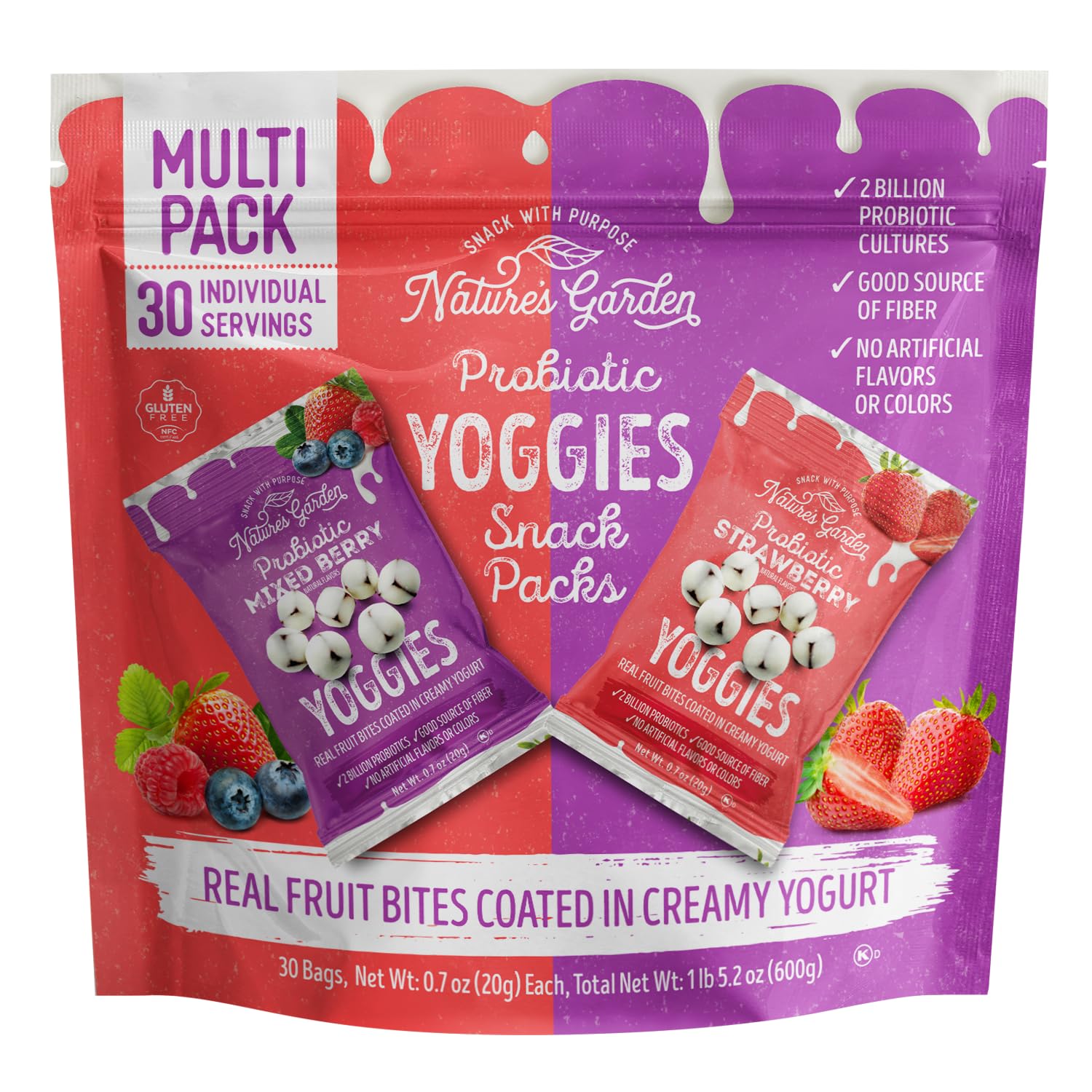 Nature's Garden Probiotic Yoggies Multi Pack, 21oz (Strawberry Yoggies 15x0.7 oz +Mixed Berry Yoggies 15x0.7 oz), Strawberry and Mixed Berry Yogurt Covered Snack, High Fiber, Real Fruit Pieces, No Artificial Ingredients, Healthy Snack for Adults