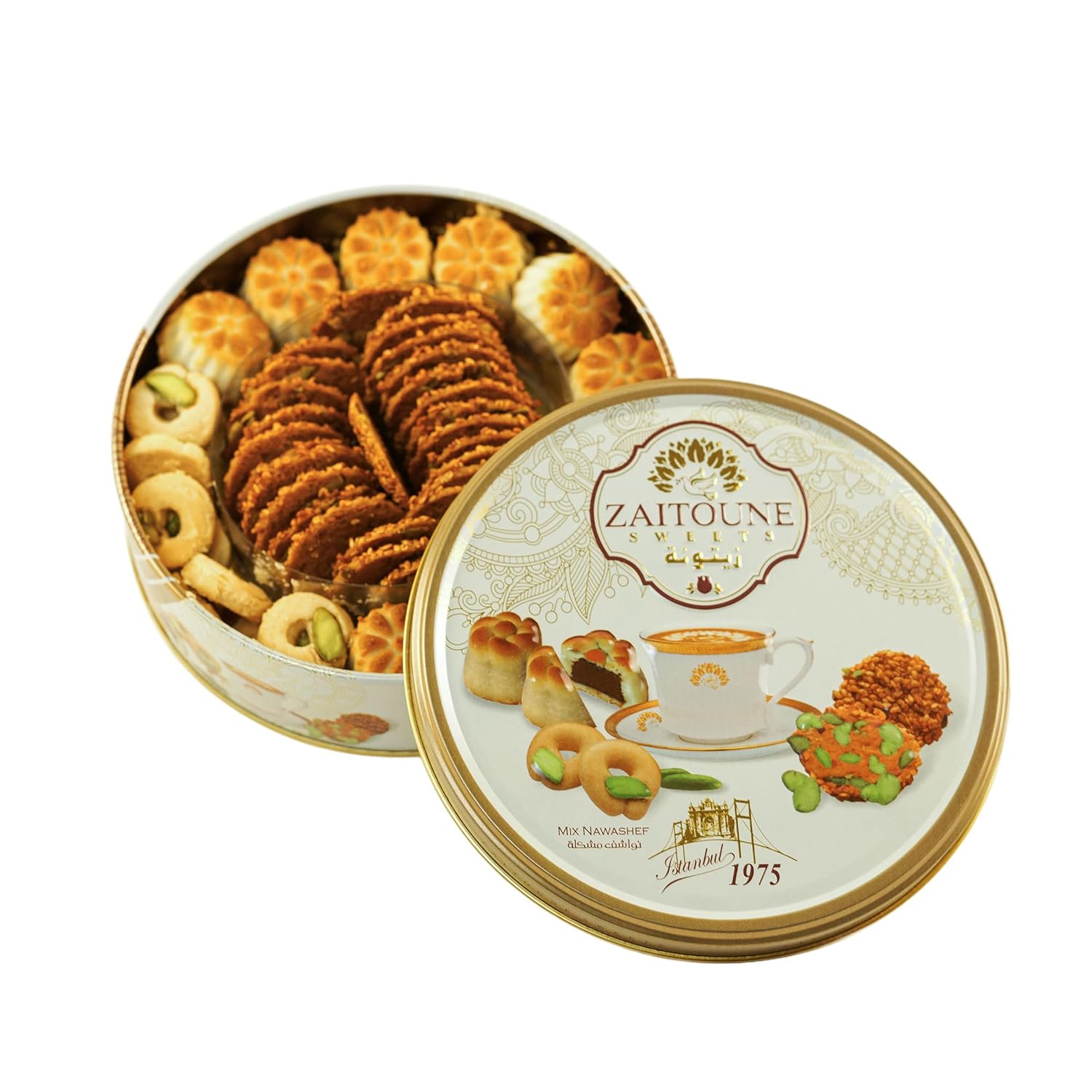 Zaitoune Premium Mini Mixed Cookies - 9 oz | Bite-Sized Date Maamoul, Barazek & Ghraybeh Cookie Mix | Handcrafted in Turkey | Beautiful Reusable Gift Tin | Perfect with Tea | Great Sharing Present