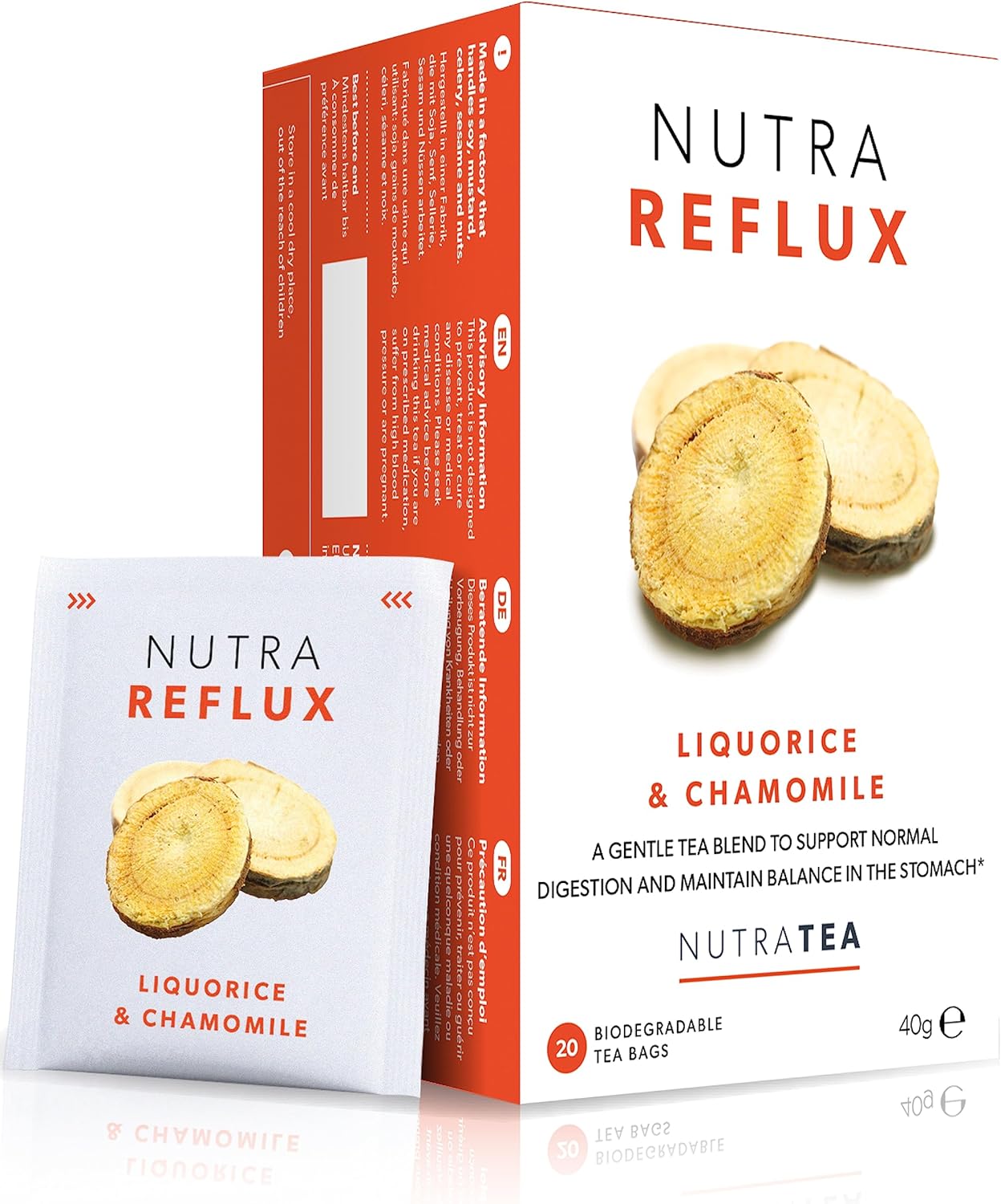 Nutra Tea NUTRAREFLUX - Acid Reflux Tea | Digest Tea - Helps Supports Digestion & Balance In The Stomach - Includes Slippery Elm, Fennel & Peppermint - 20 Enveloped Tea Bags - Herbal Infusion (1 Pack)