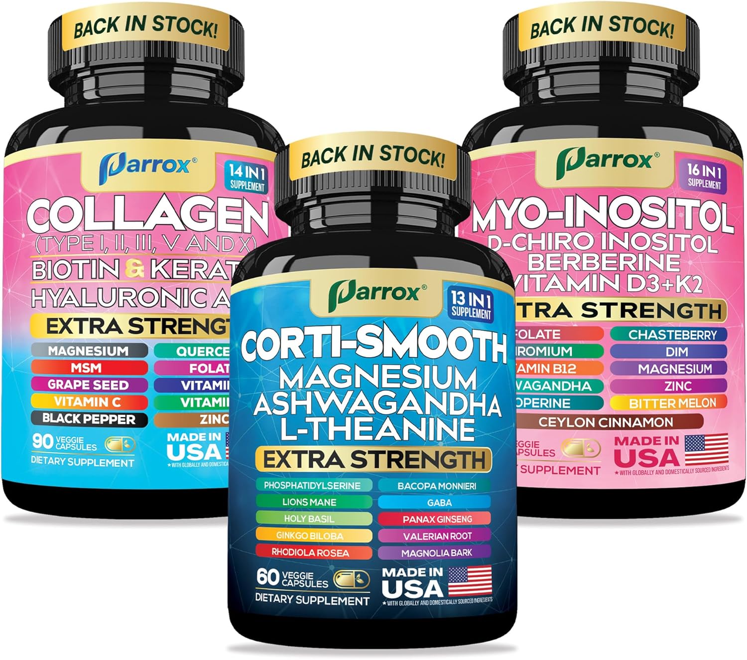 She Shines Set, Collagen Peptides Types I, II, III, V, X, Biotin, Keratin, Myo Inositol, D-Chiro Inositol, DIM, Vitex, Berberine, Cortisol Support, Magnesium, Ashwagandha, L-Theanine Lions Mane