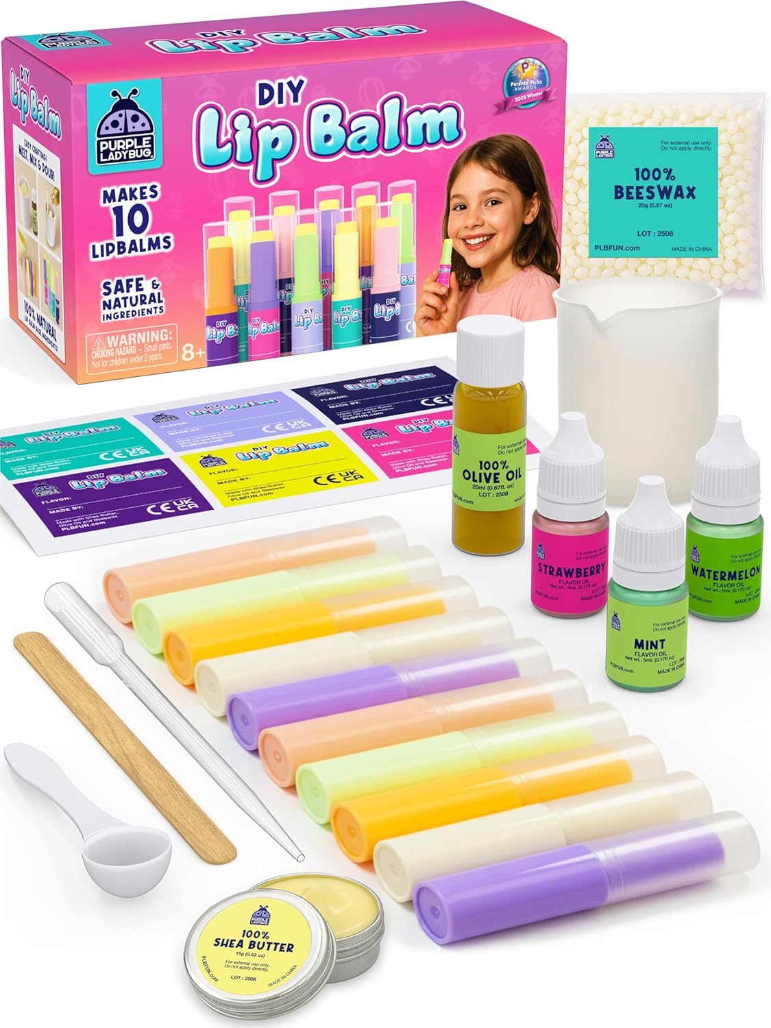 PURPLE LADYBUG Lip Balm Making Kit for Girls Age 8+ - BPA Free - Natural Ingredients - Make Your Own Lip Balm Set, Great 8 Year Old Girl Gifts, Arts and Craft Kit Toy for Ages 8 9 10 11+, Kid Presents
