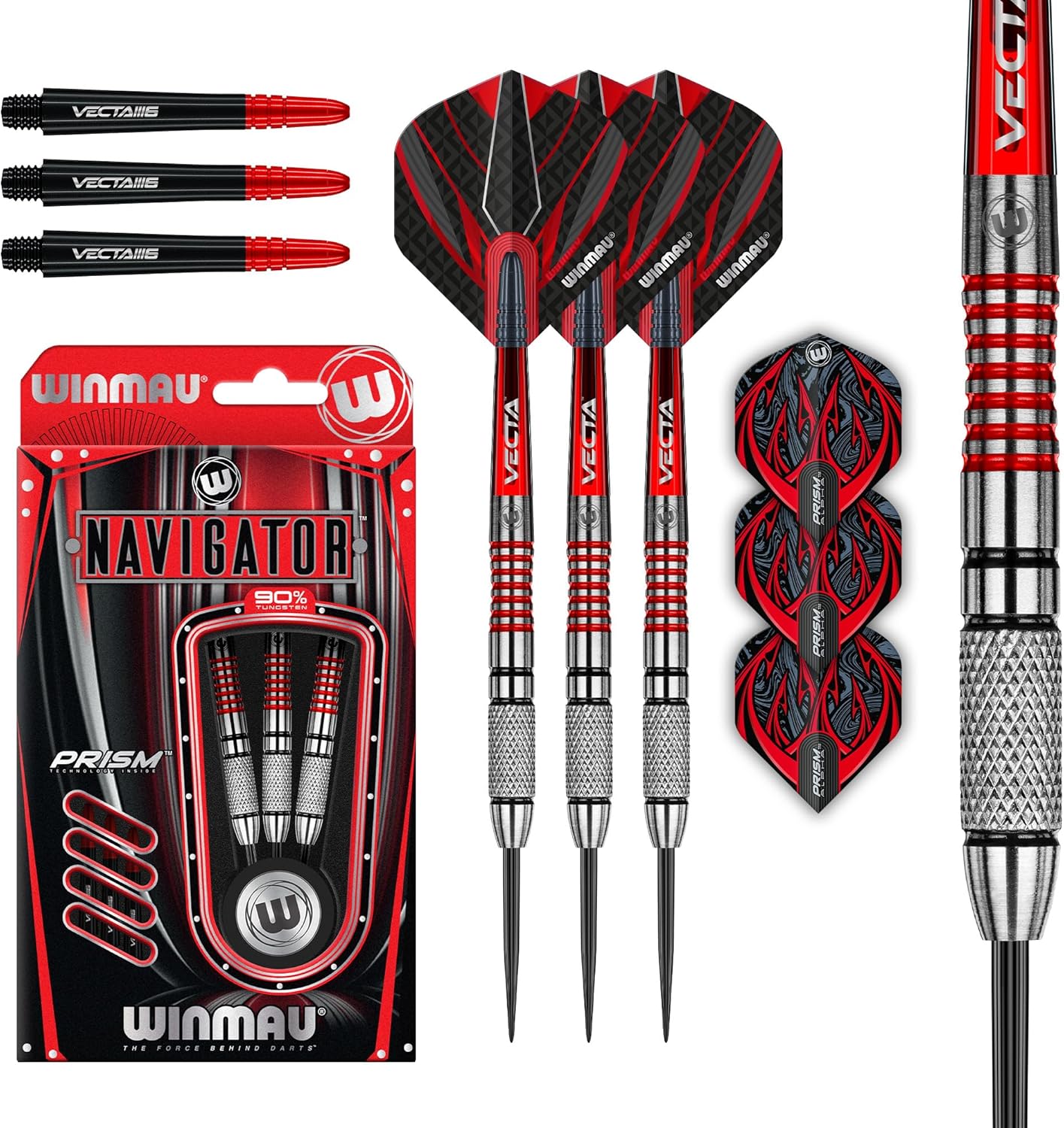 WINMAU Darts Navigator Series 90% Tungsten Steeltip Darts Set with Dart Flights and Dart Shafts (Stems)