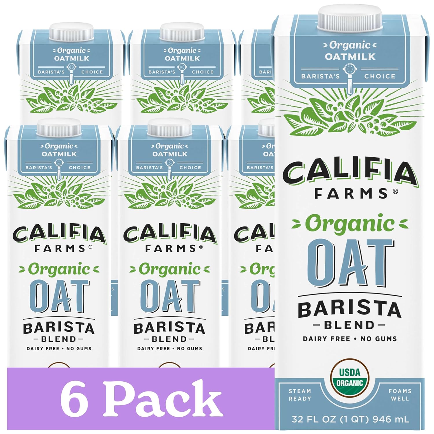 Califia Farms - Organic Oat Barista Blend, 32 oz (Pack of 6), Shelf Stable, Dairy Free, Plant Based, Vegan, Non GMO, Organic Milk, Creamer, Milk Frother, Oatmilk