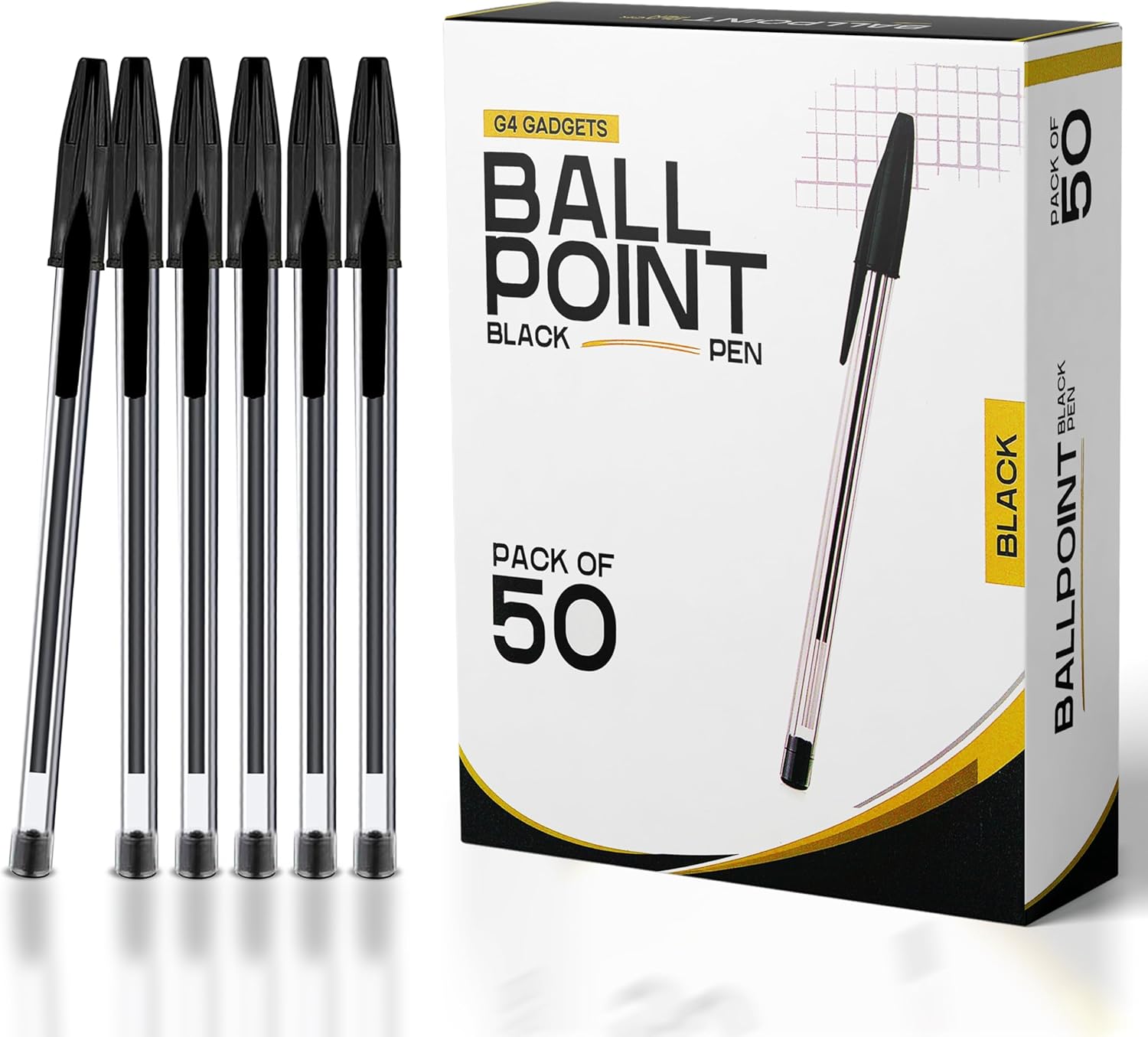 G4GADGET Pack of 50 - Medium Tip Fluent Smooth Writing Black Biro Ballpoint Pens