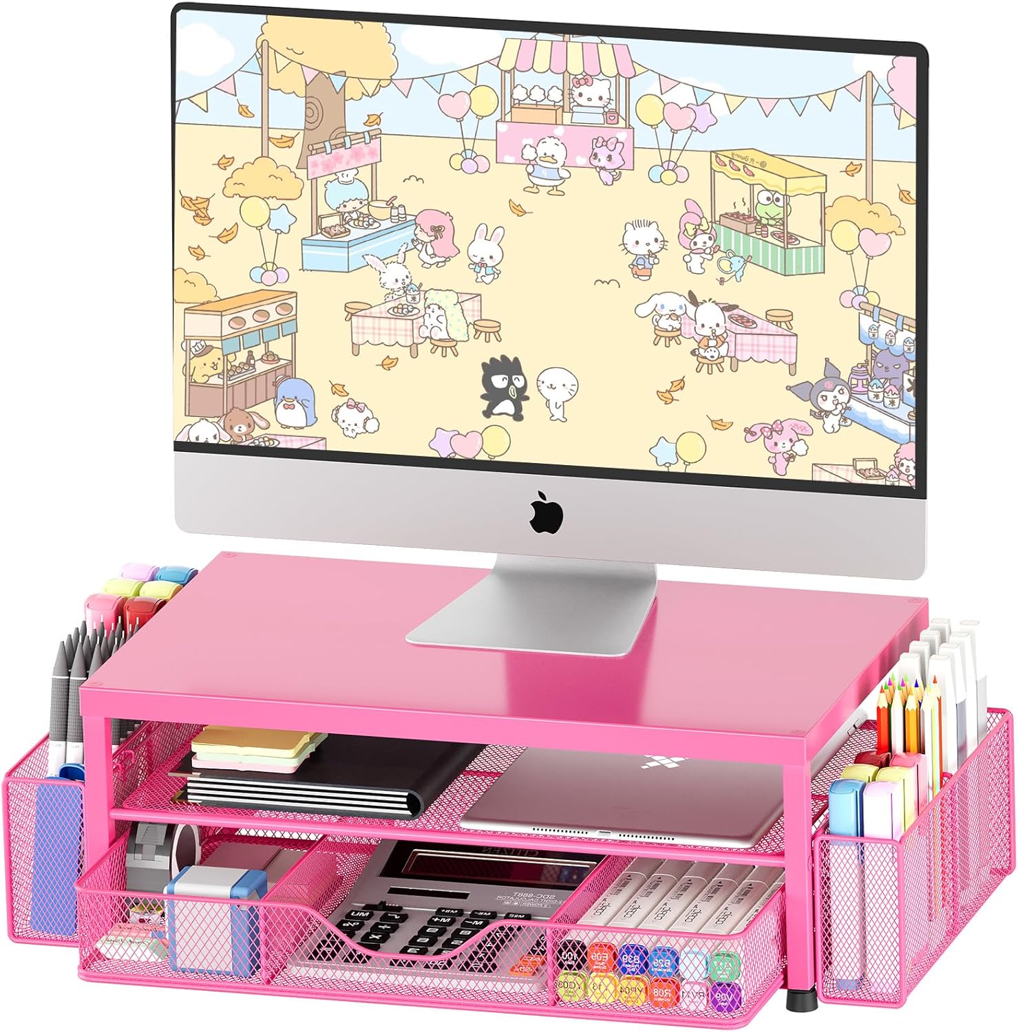 Desk Organizer and Accessories, 2-Tier Computer Monitor Stand with Drawer and 2 Pen Holders, Office Desk Accessories for Office Supplies, Carmine Rose