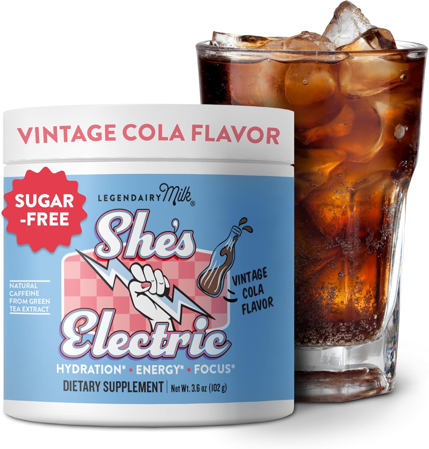 Legendairy Milk She’s Electric - Cola Energy Powder Clean Energy Hydration Powder - Sugar Free - Calorie Free - Vitamin B6 & Vitamin B12 - Green Tea Extract - Beverage, Drink Mix