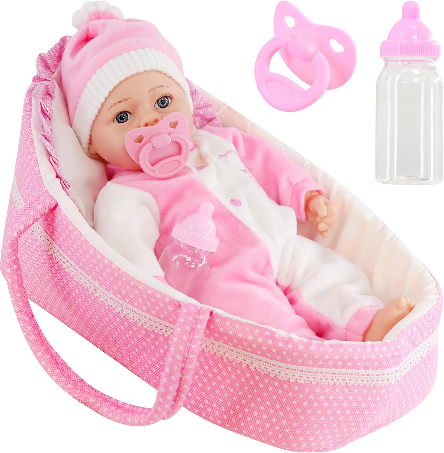 The Magic Toy Shop Bibi Doll - Baby Doll With Sounds & Carry Cot Bed Pillow Carry Handles Carrier Play Set