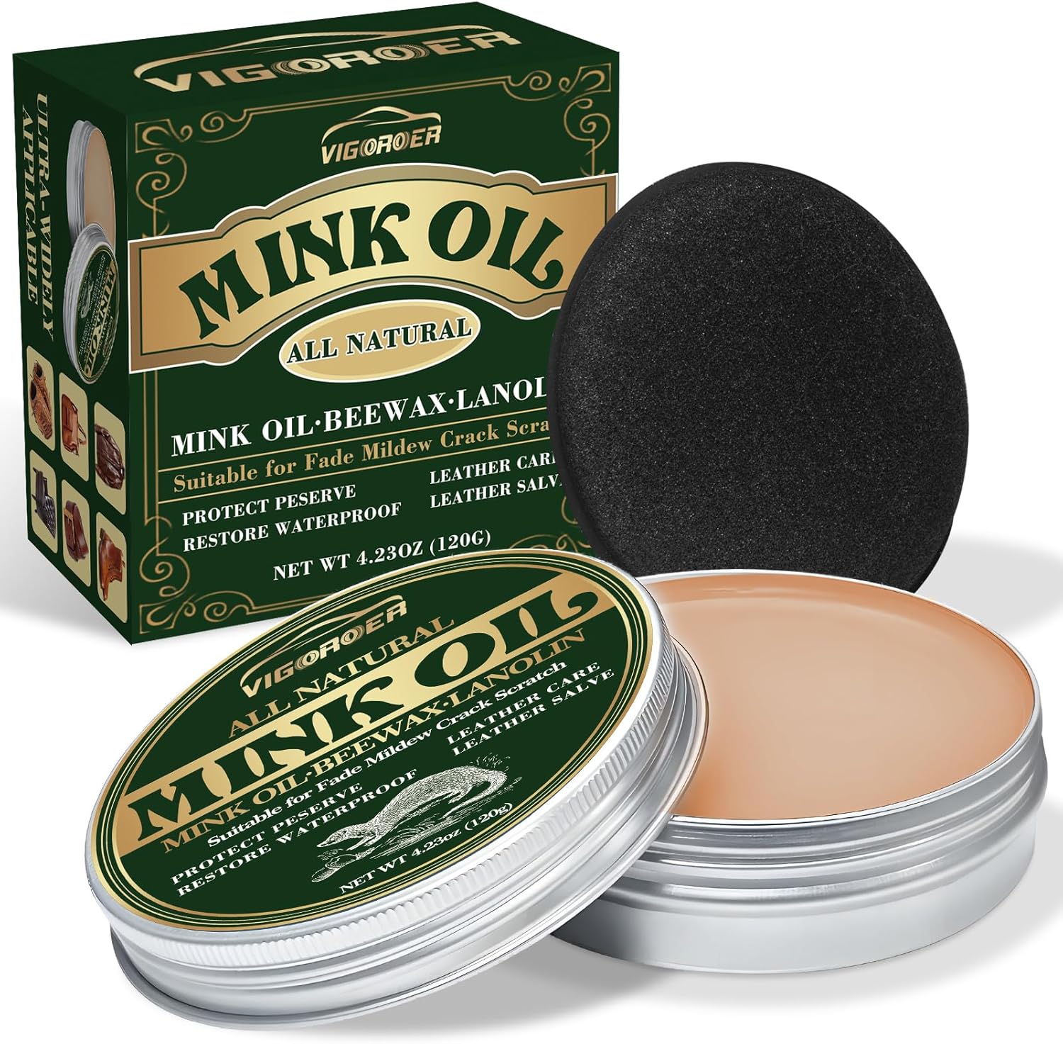 Mink Oil for Leather Boots, 4.23Oz Leather Conditioner for Boots with Sponge, Boot Oil Made with Mink Oil Beeswax, Protect Soften Waterproof Leather Furniture, Car Seats, Shoes, Boots, Bags