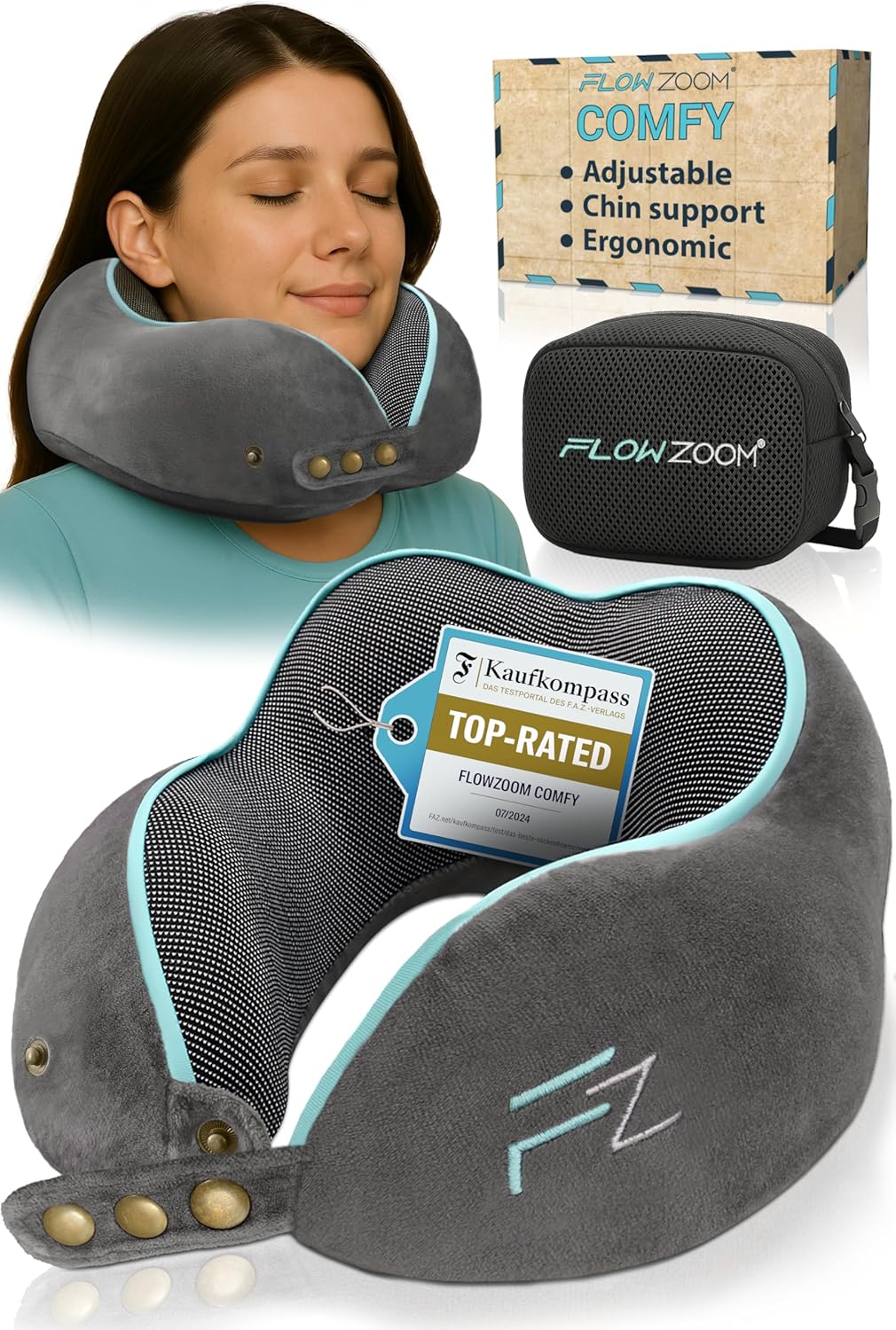 FLOWZOOM Comfy Memory Foam Travel Pillow for Airplane & Car – Adjustable Neck Cushion with 360° Support, Soft, Washable Plush Cover and Compact Mesh Bag - Grey