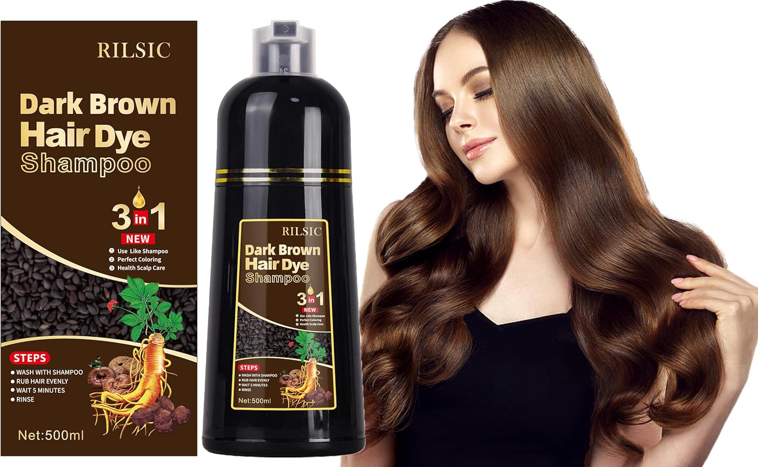 Dark Brown Hair Dye Shampoo, 500ML Instant Hair Colour Shampoo 3 in 1,Hair Color Shampoos for Grey Hair Beard Coverage, Long Lasting-Natural, Black Hair Dye Coloring in Minutes for Women Men