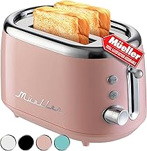 Mueller Retro Toaster 2 Slice with 7 Browning Levels and 3 Functions: Reheat, Defrost & Cancel, Stainless Steel Features, Removable Crumb Tray, Under Base Cord Storage, Pink