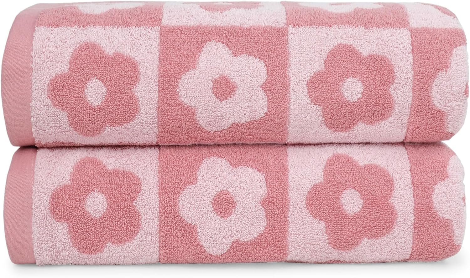 Jacquotha 2-Pieces Luxury Bath Towels Checkered Floral, Pink Towels for Women Girls Shower Body 27.5x55 Inches, Cute Decor for Bathroom & Pool Days, Cotton