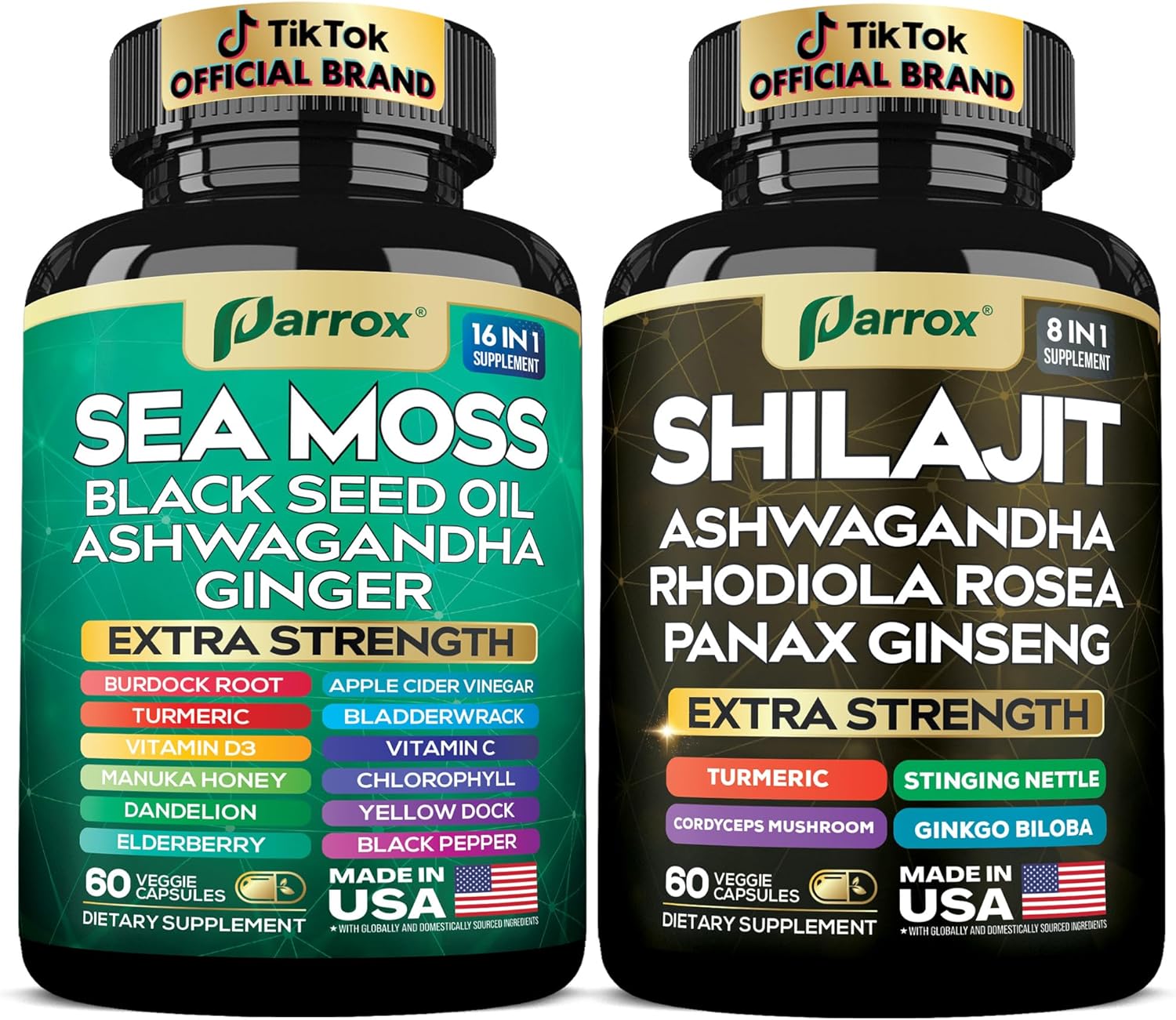 Dynamic Vitality Bundle, Sea Moss, Black Seed Oil, Ashwagandha, Ginger, Turmeric, Dandelion, Shilajit, Panax Ginseng, Rhodiola Rosea, Cordyceps Mushroom, All-in-One Supplements Duo (1 Pack)