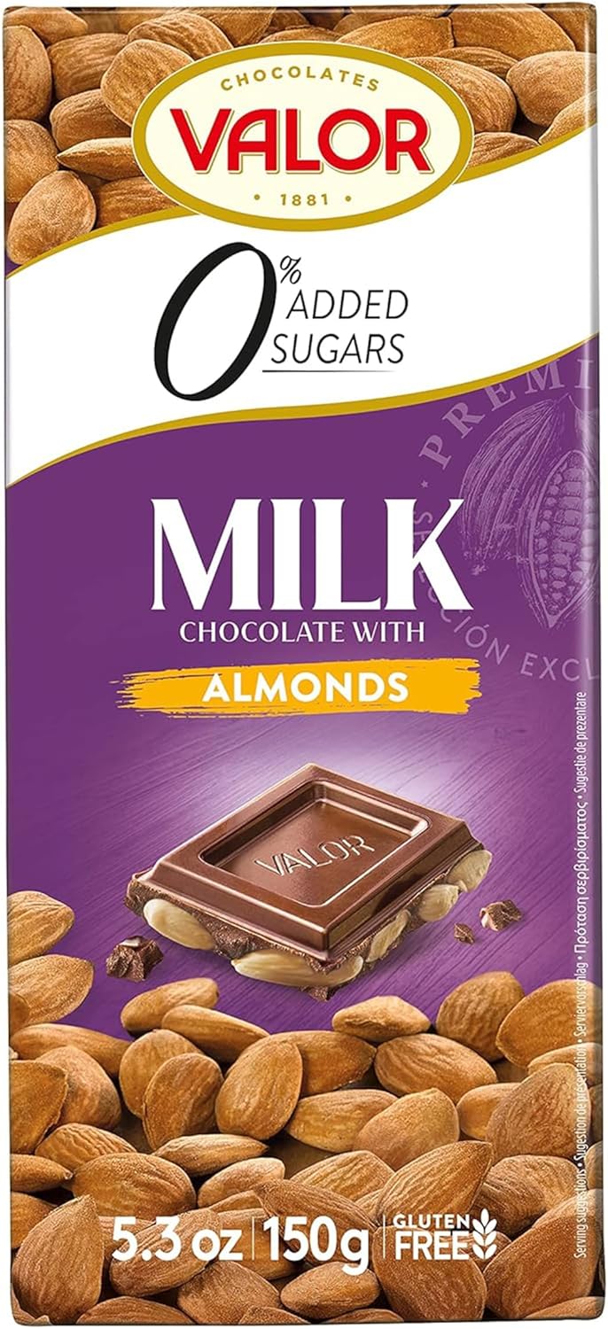 Valor Sugar Free Milk Chocolate Bar – Keto Low Carb Large Chocolate Bar - Diabetic Chocolate – Gluten Free, No Added Sugar – Milk Chocolate with Almonds – Stevia Chocolate 150g Bar
