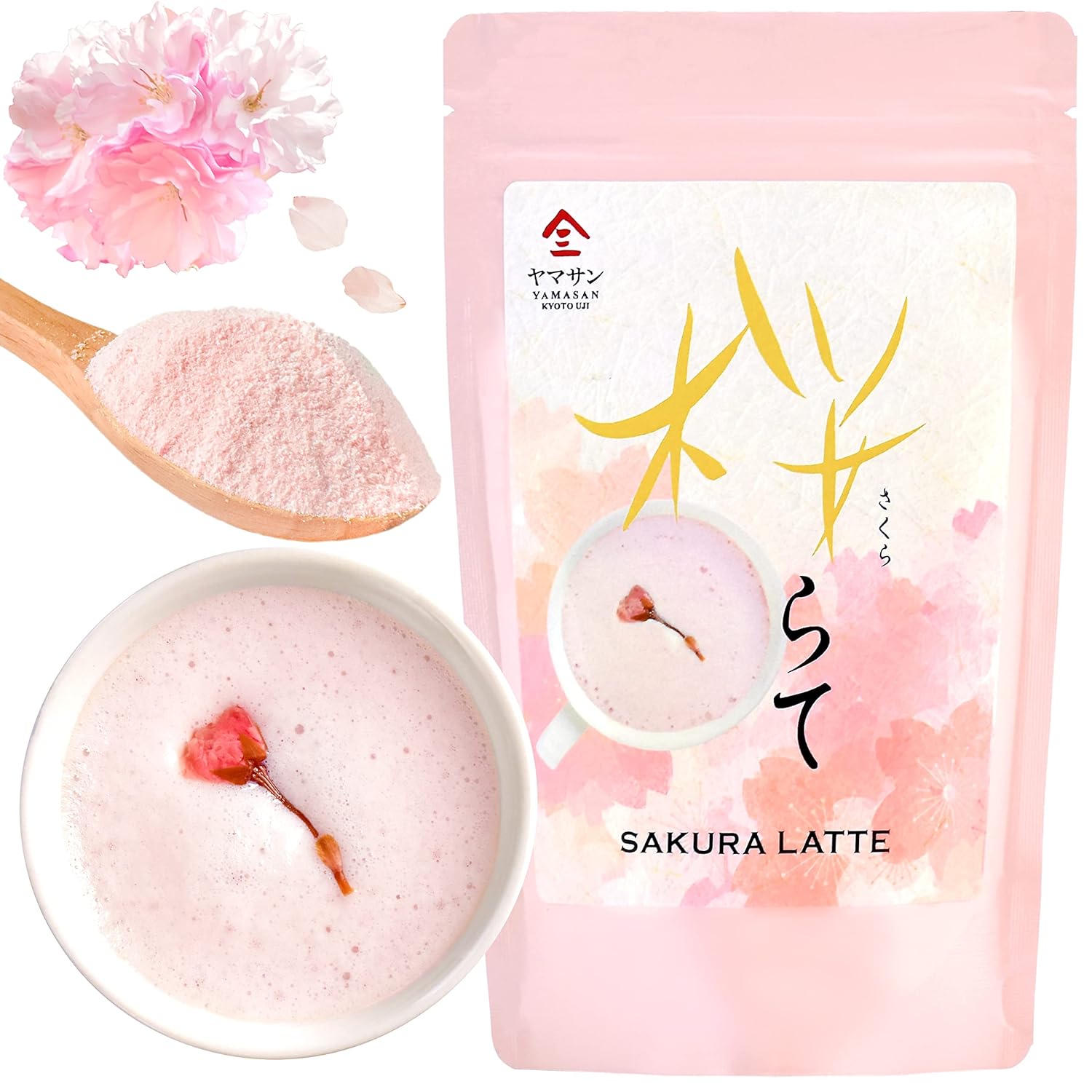 YAMASAN KYOTO UJI Sakura Latte -Creamy and Aromatic Foam- Using Japanese Cherry Blossom 100%, Made in Japan,Sold by Japanese company, 100g(3.5oz)