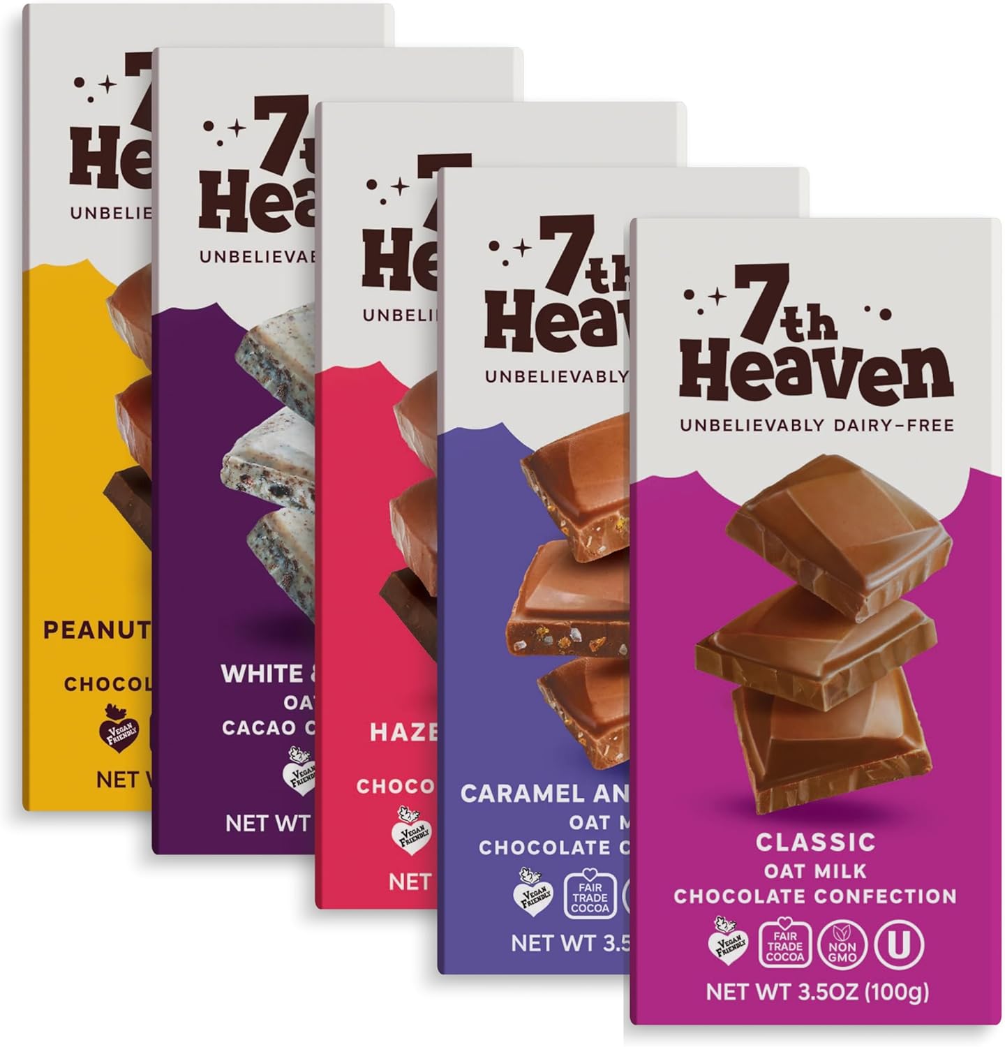 7TH HEAVEN -Variety Pack of Vegan Milk Chocolate Oatmeal Bars, Classic Chocolate, Sea Salt Caramel, Cookies & Cream, Crunchy Hazelnuts and Peanut Butter Cream