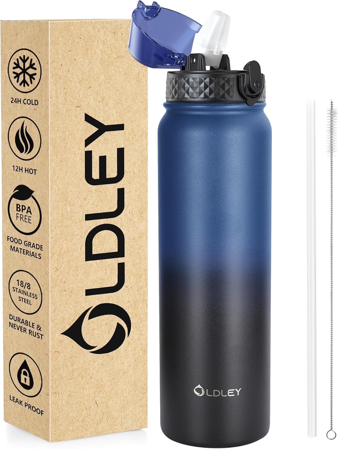 OLDLEY Stainless Steel Water Bottle with Straw 1L Vaccum Insulated Large Drink Flask Metal Water Bottles 1 Litre Leakproof Keep Drinks Hot Cold for Sports Gym Travel Adult Women Men(Blue Black, 1 Lid)