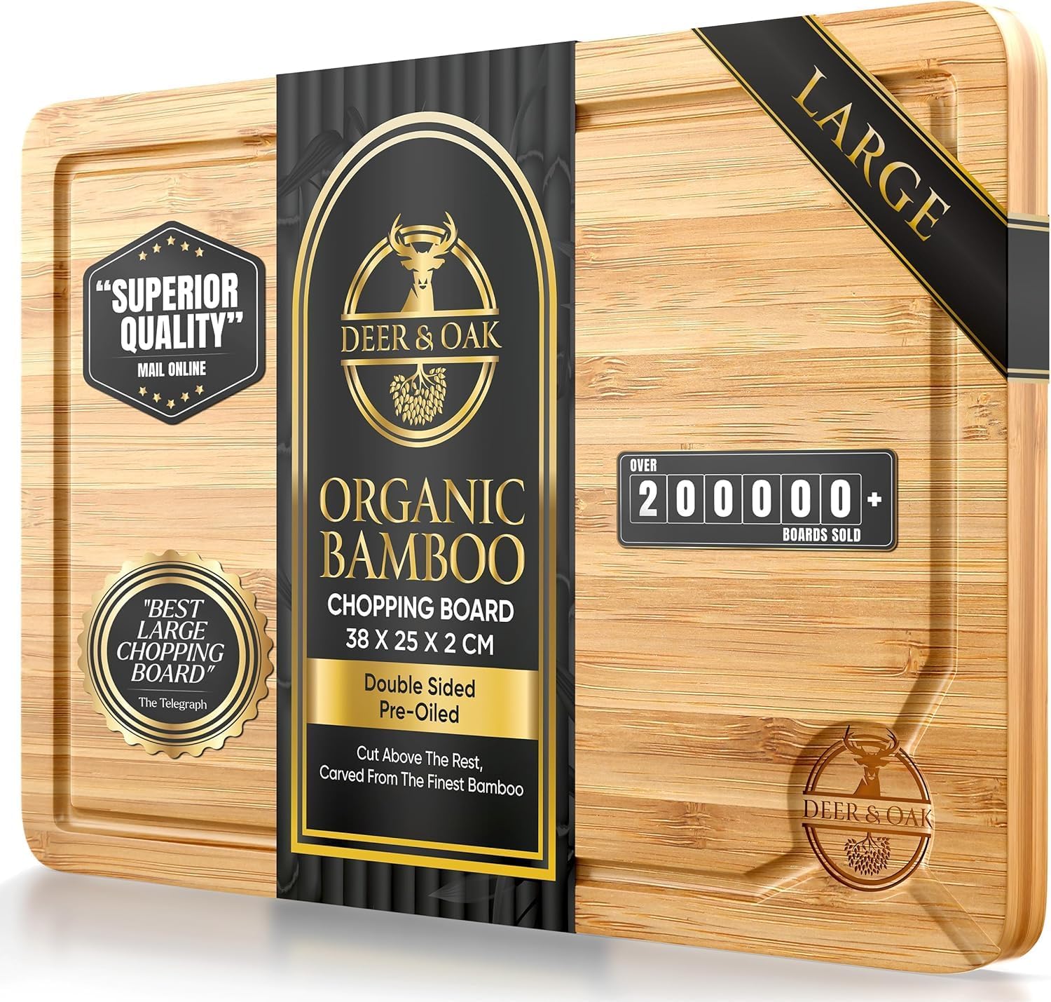 Deer & Oak Large Bamboo Chopping Board 38 x 25 x 2cm, Premium Wooden Kitchen Cutting Board for Meat & Vegetables, Pre-Oiled, Water Resistant, Knife-Friendly