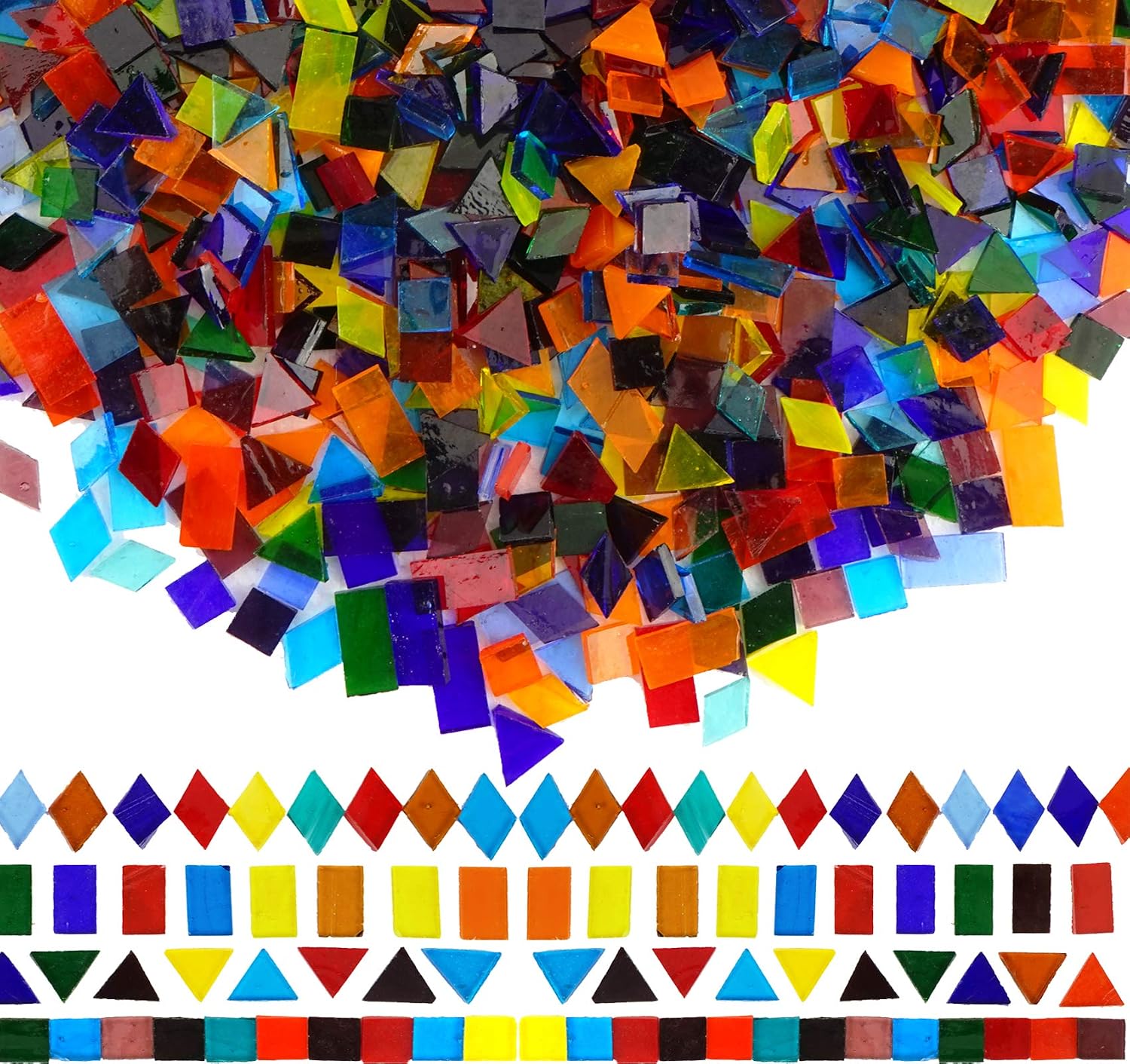 Lanyani 1600 Transparent Cathedral Glass Mosaic Tiles for Arts and Crafts - Mixed Color Stained Glass Pieces, 4 Shapes Mixed