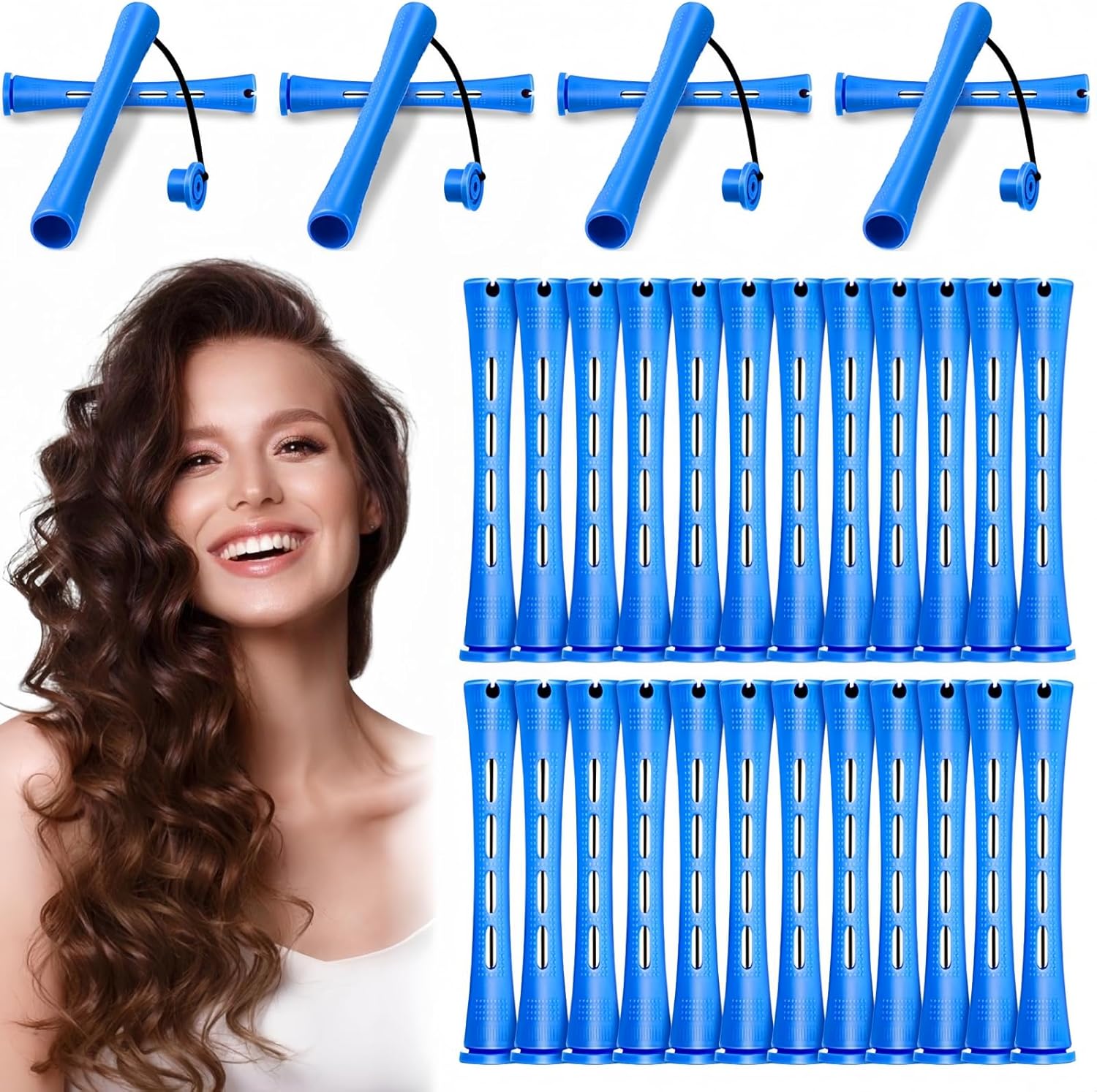 Small Hair Curlers Rollers - 60Pcs Perm Kit with Non-Slip Elastic Bands - 0.35 Inch Hair Rollers for Long&Short Hair - Home Perm Rollers Styling Tool (Blue)