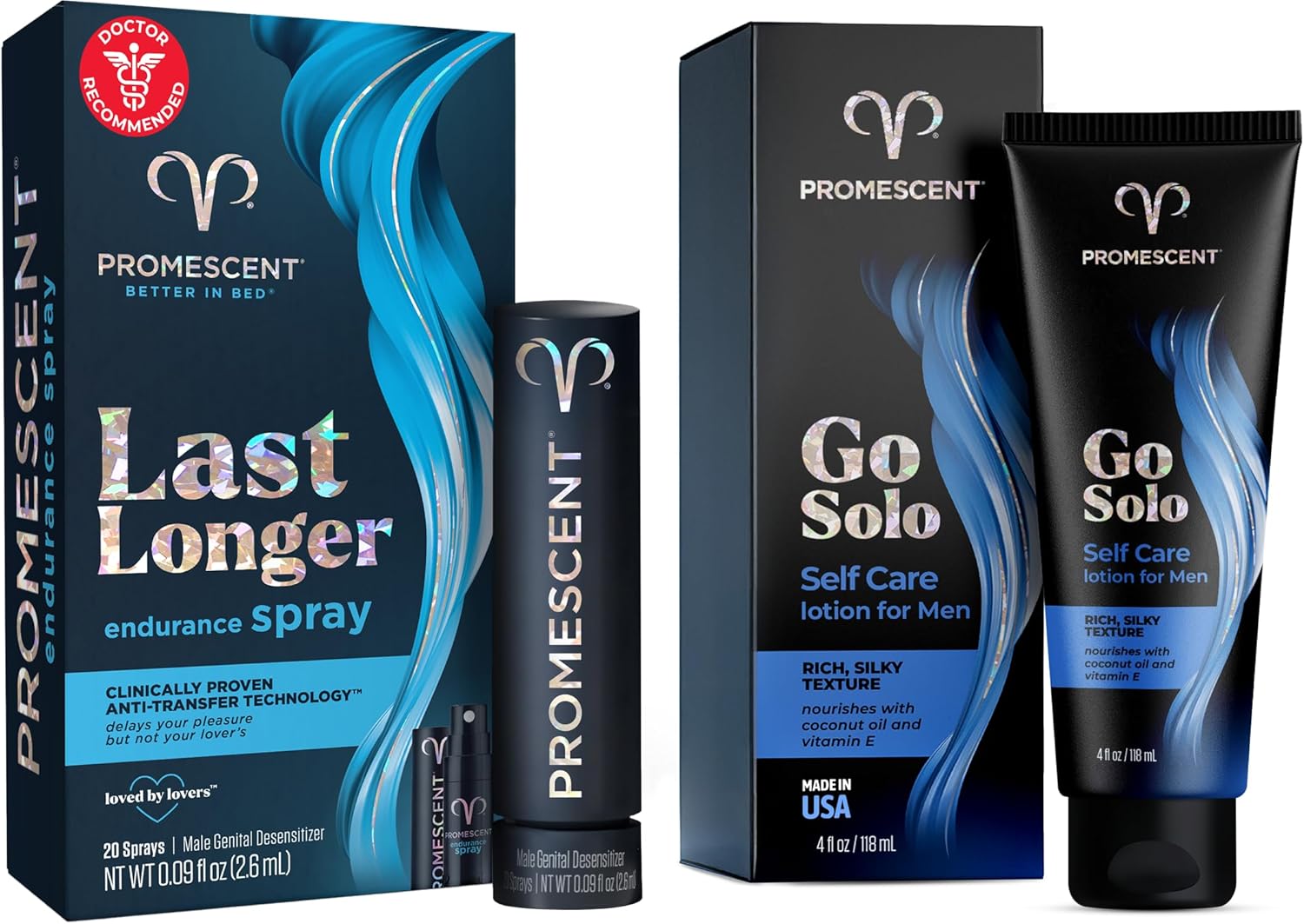 Promescent Desensitizing Delay Spray for Men Clinically Proven to Help You Last Longer in Bed + Go Solo Lotion for Men, Natural Unscented Moisturizing Ingredients with Coconut Oil and Sweet Almond Oil