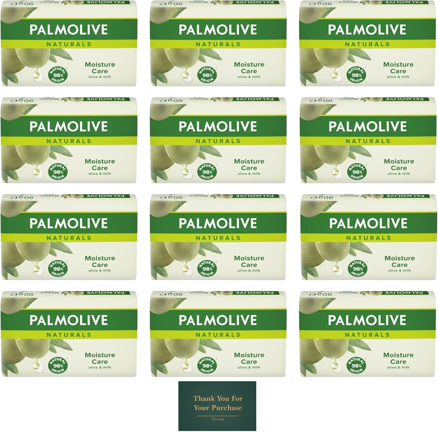 Palmolive Naturals Soap Bar Moisture With Olive Milk, Soap Bars (Pack Of 12), Vegan Soap Natural Origin Biodegradable Soap For Body Hands And Face, With Treseida Thank You Card