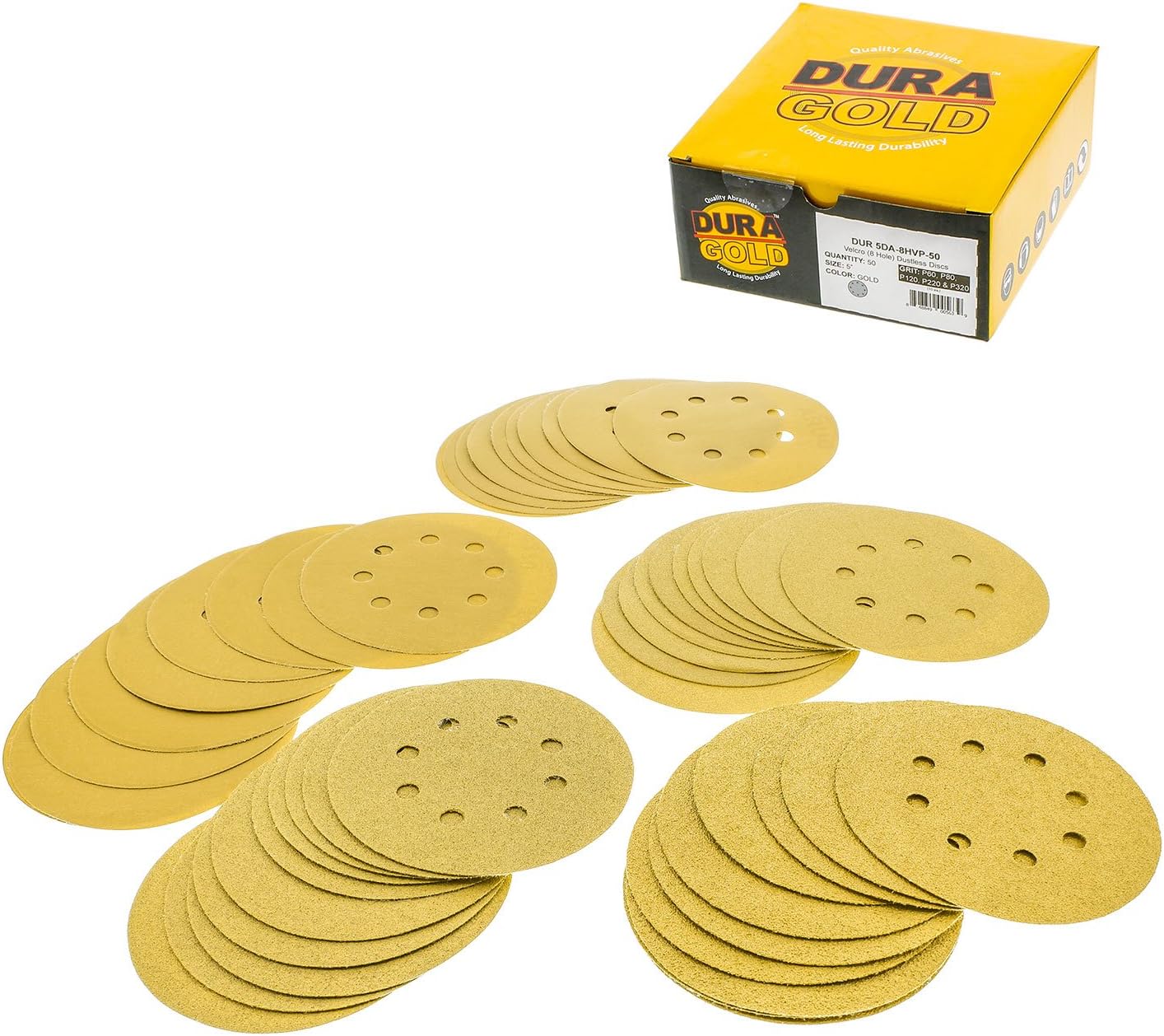 Dura-Gold Premium - Variety Pack - 5" Gold Sanding Discs - 8-Hole Dustless Hook and Loop - 10 Each of Grit (60, 80, 120, 220, 320) - Box of 50 Sandpaper Finishing Discs for Woodworking or Automotive