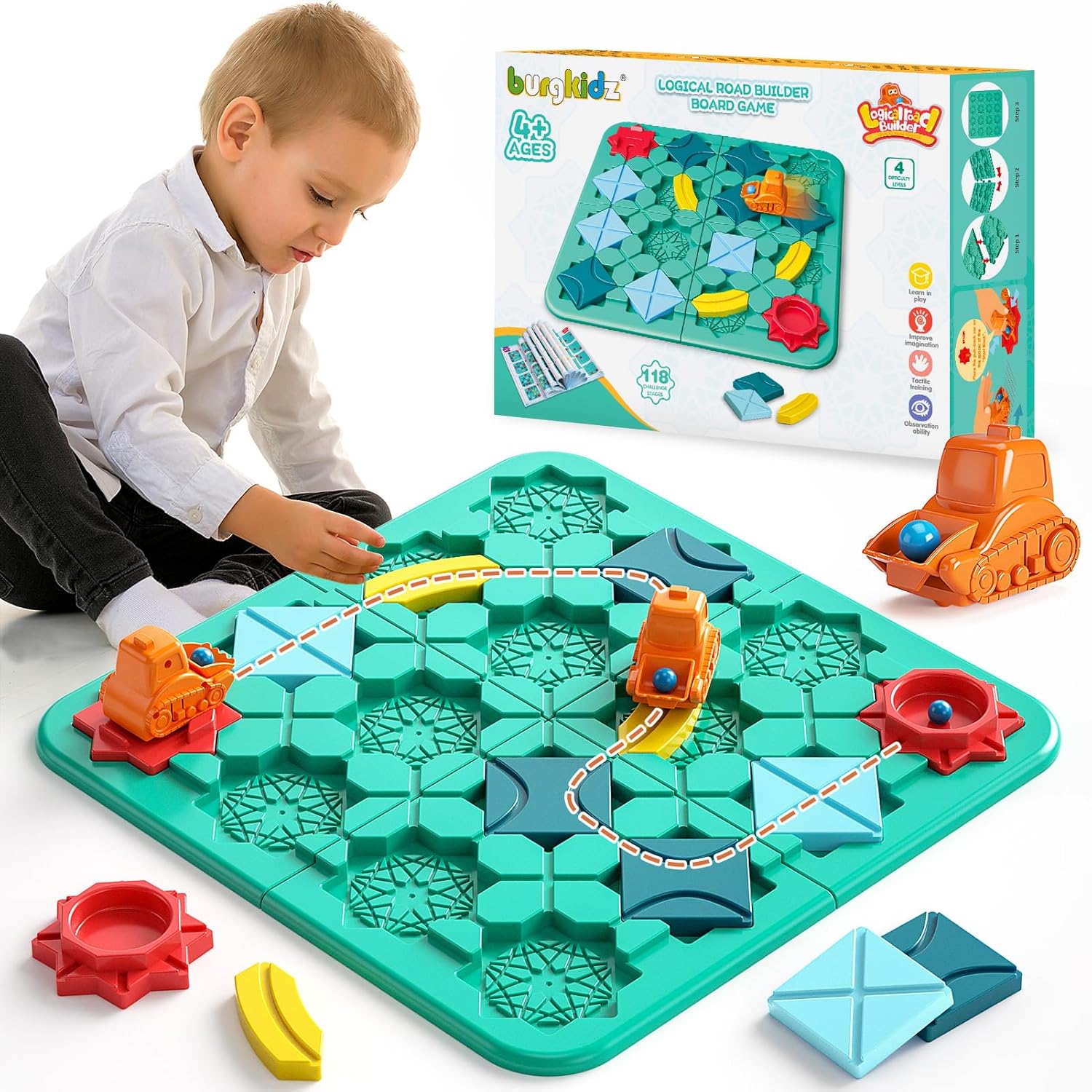 burgkidz Logical Road Builder Game for Kids, Puzzle Track Building Car Maze Board Games with Marble Balls, Enhancing Children's Logic STEM Brain Toys for 4 5 6 7 8 Years Old Boys Girls