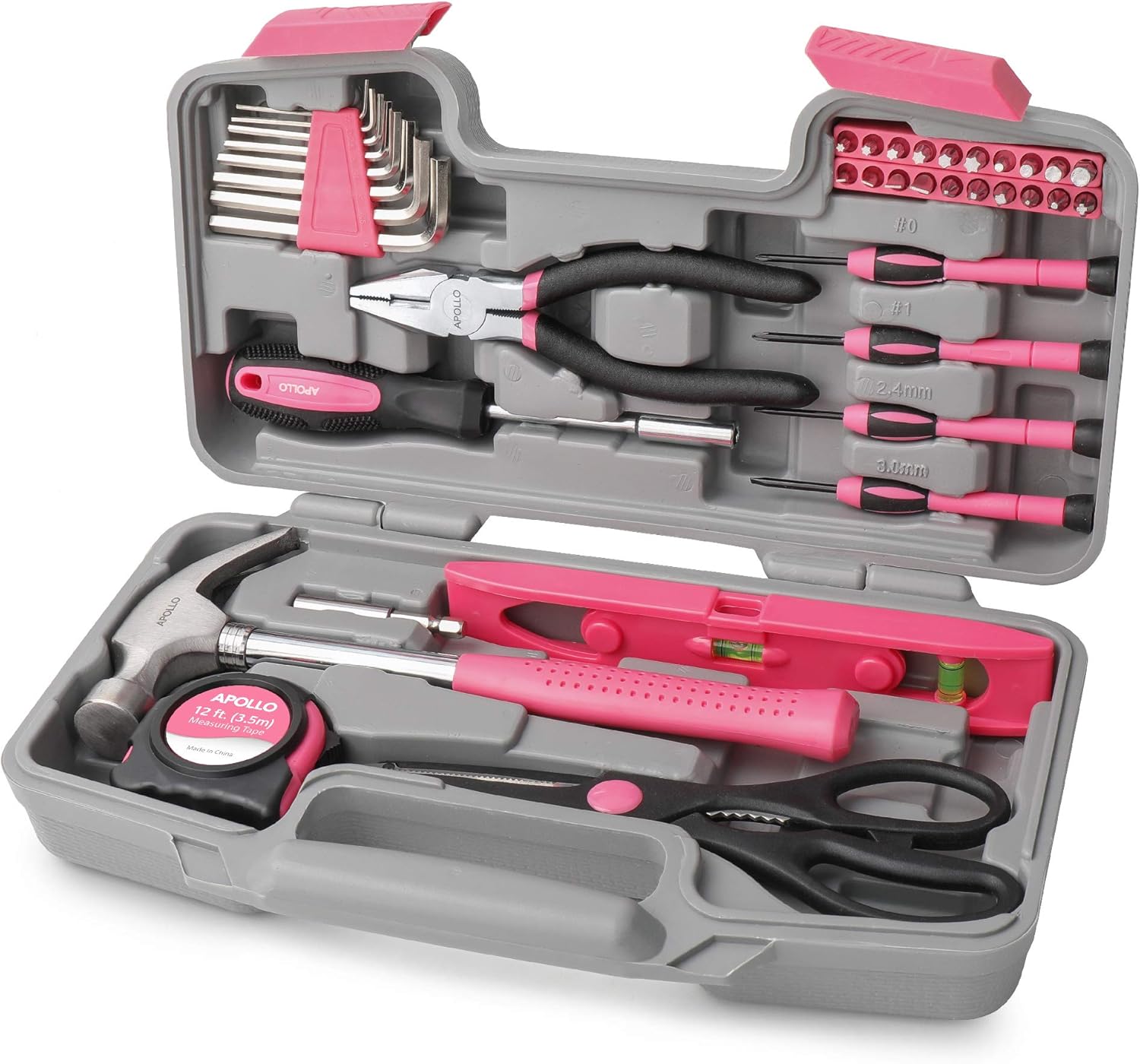 Apollo 39pc Pink Home DIY Repair Tool Kit Set. Women Ladies Starter Basic Hand Tools in a Compact and Portable Toolbox Case for Household and Office