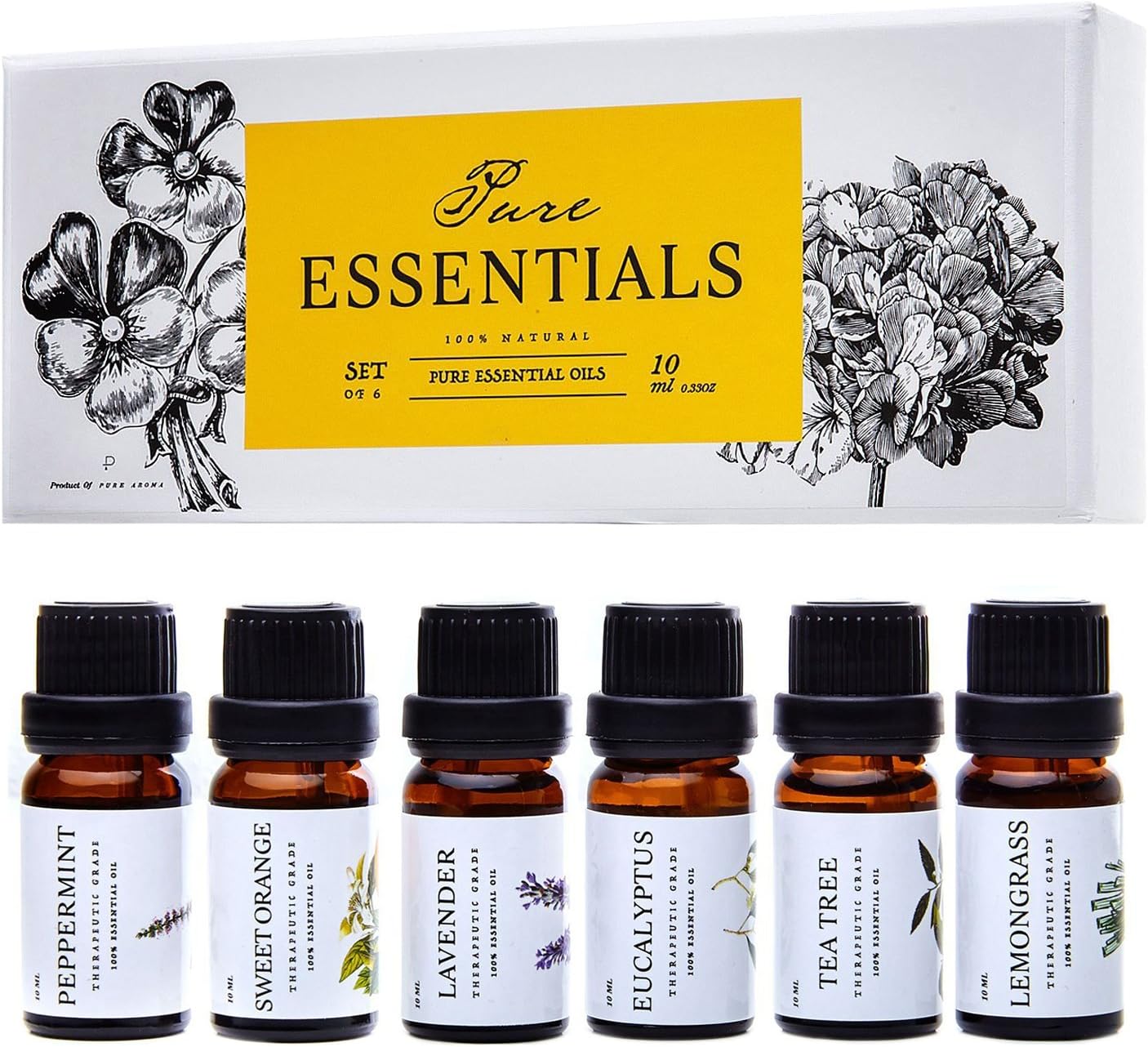 Essential Oils by Pure Essentials 100% Pure Therapeutic Grade Oils - Top 6 Aromatherapy Oils Gift Set-6 Pack, 10ML(Eucalyptus, Lavender, Lemon Grass, Orange, Peppermint, Tea Tree)