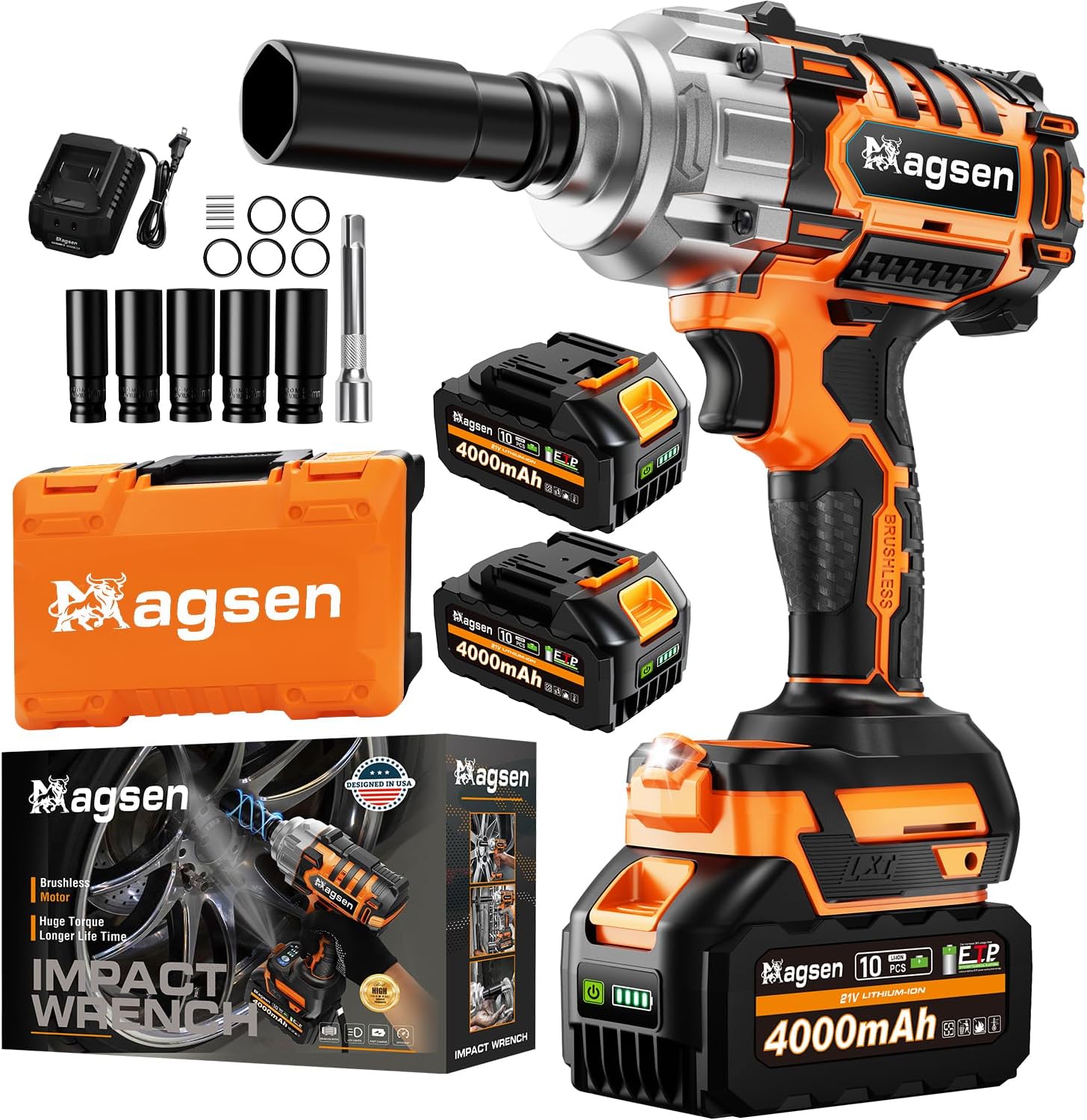 Cordless Impact Wrench 1/2 inch, High Torque 900Ft-lbs (1200N.m) Brushless Impact Gun,3800RPM,2x4000mAh Battery, 6 Sockets,LED Light,Electric Impact Motor Variable Speeds for Car/Mower/Pickup