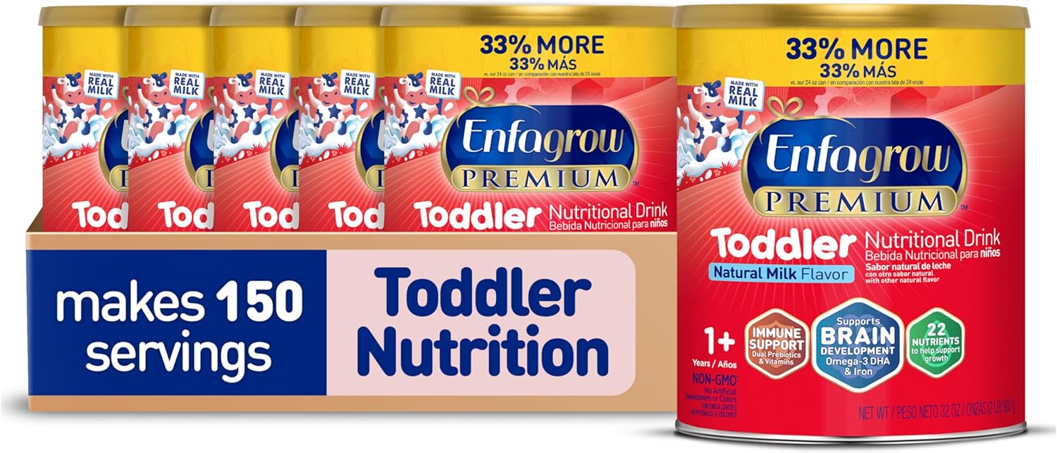 Enfagrow PREMIUM Toddler Nutritional Drink, Made with Real Milk, Brain-Building Omega-3 DHA, Nutrients and Prebiotics for Growth & Immune Support, Non-GMO, Toddler Milk Powder, 32 Oz Can, 6 Count